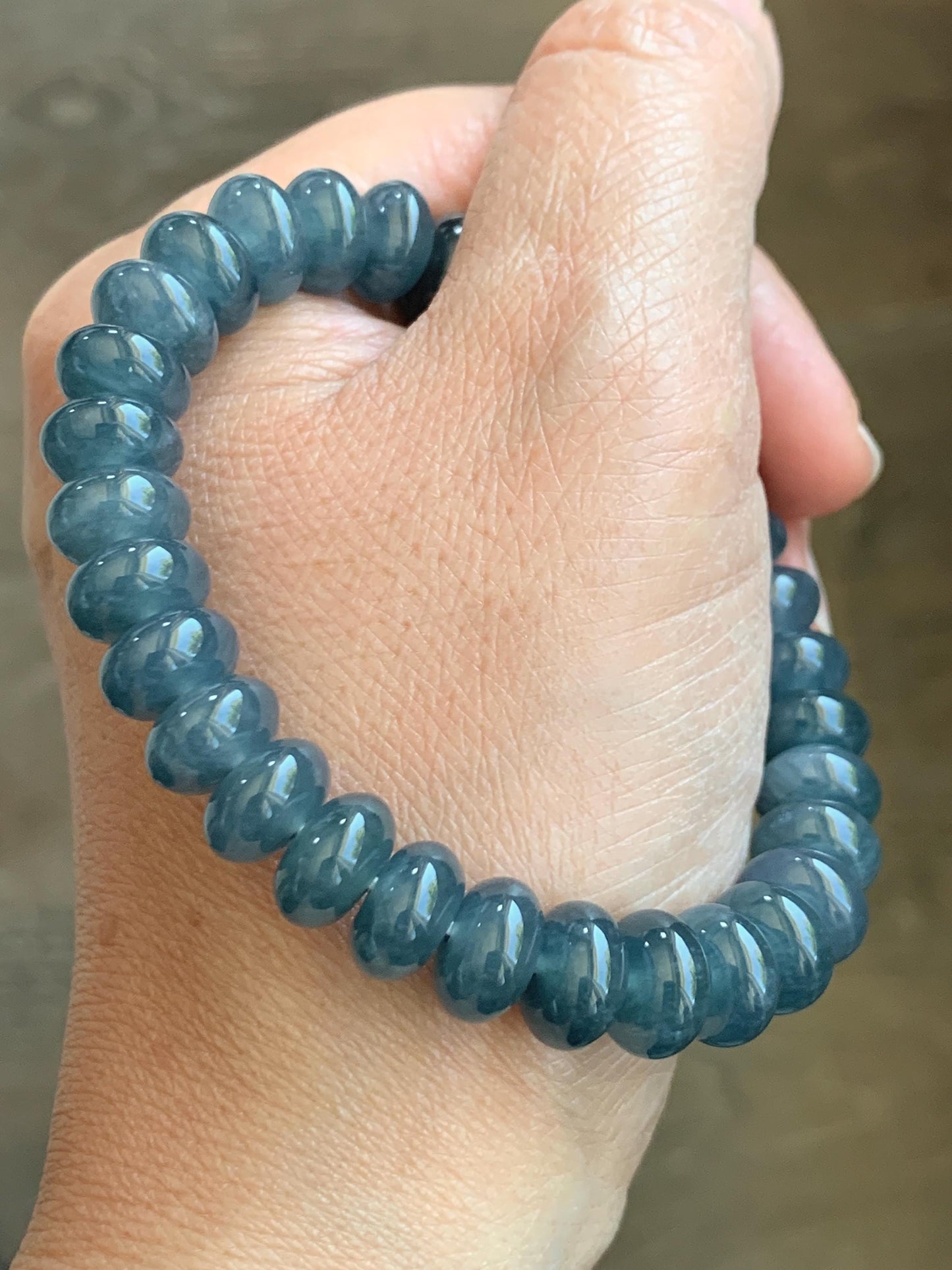 Certified Natural Guatemalan Icy Translucent Dusty Aegean Blue Jadeite Drum Beads Beaded Bracelet Stretchy 7” 34.72g 天然冰危蓝水翡翠鼓珠手串 9404