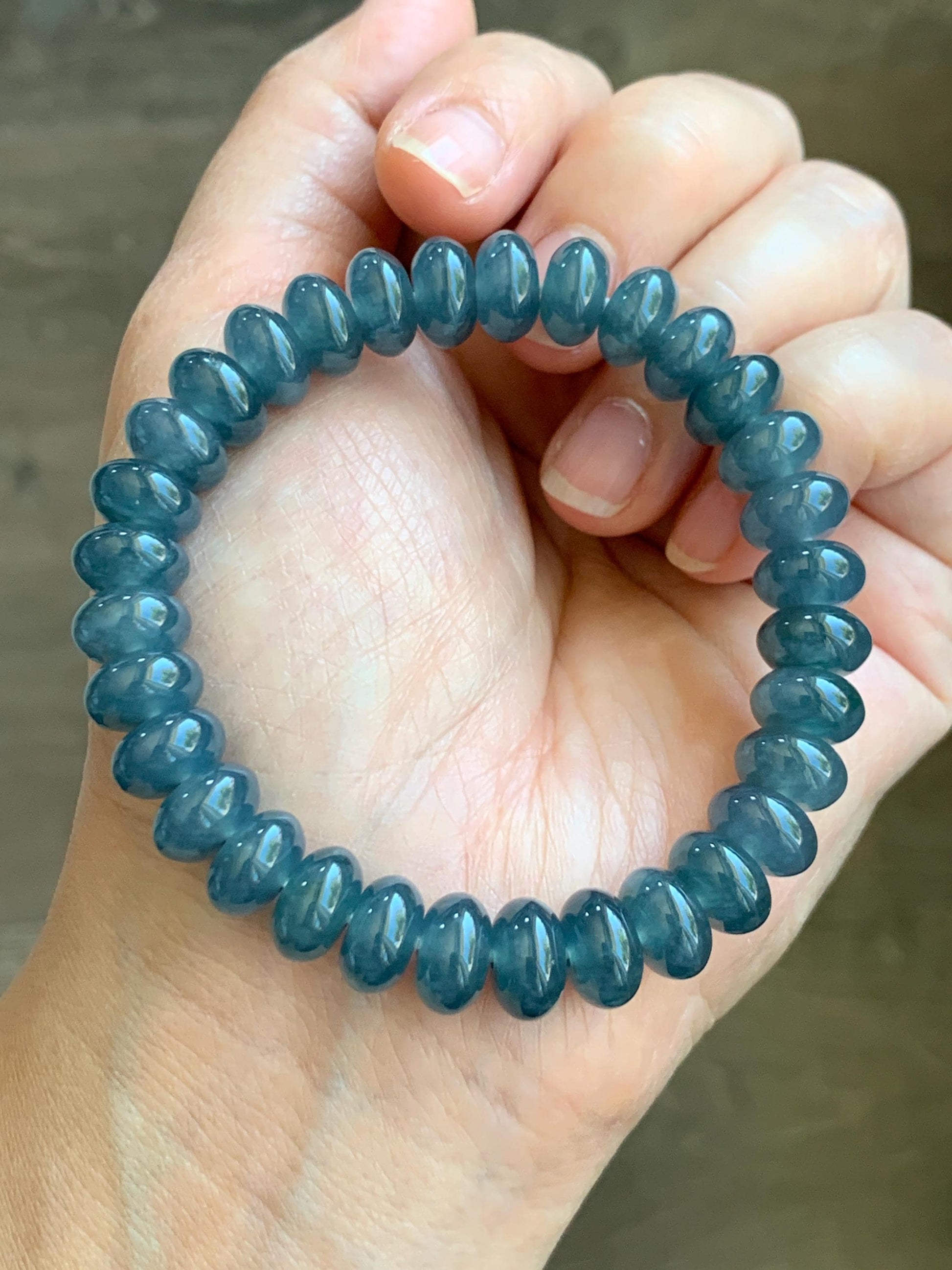 Certified Natural Guatemalan Icy Translucent Dusty Aegean Blue Jadeite Drum Beads Beaded Bracelet Stretchy 7” 34.72g 天然冰危蓝水翡翠鼓珠手串 9404
