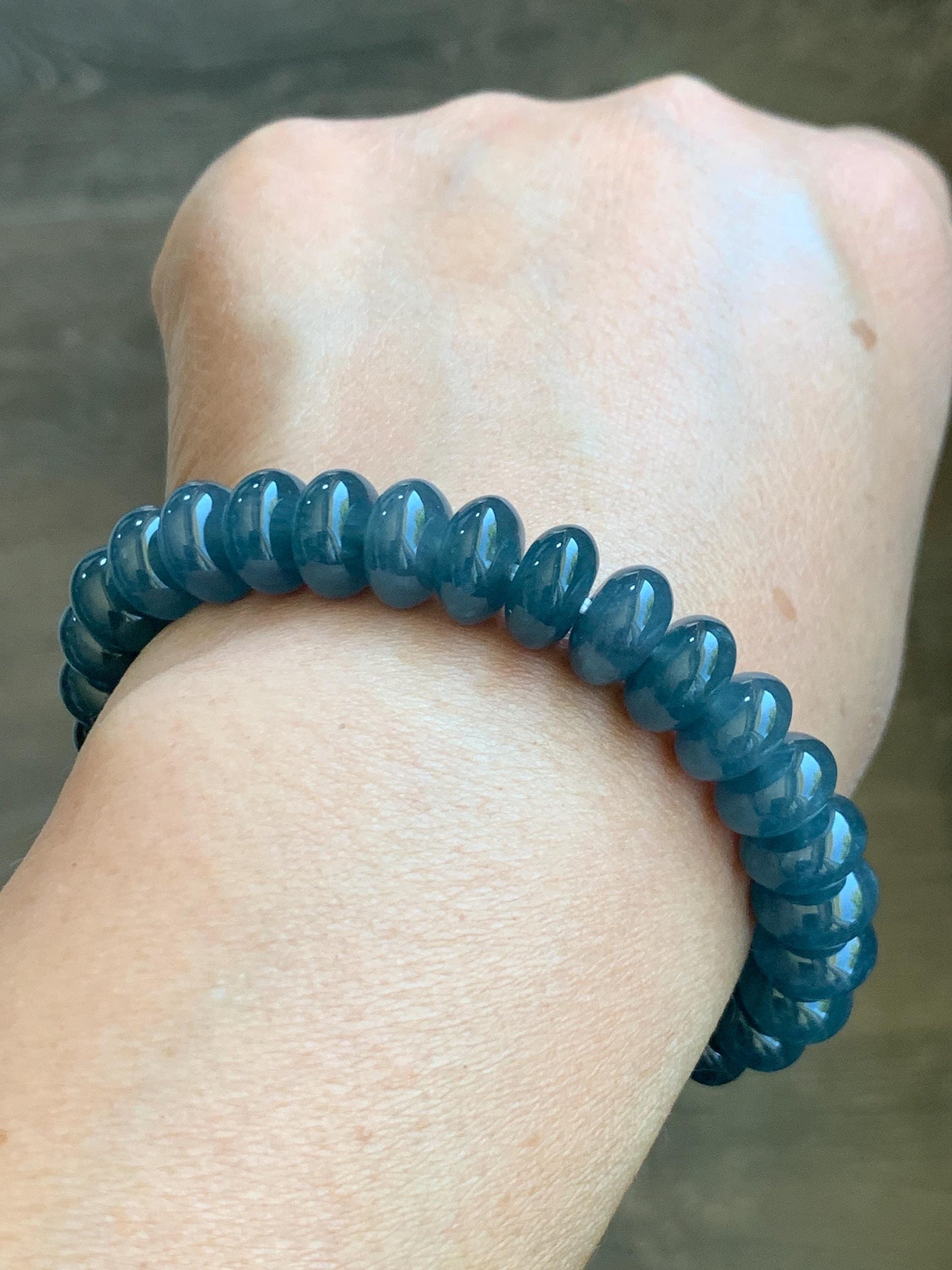 Certified Natural Guatemalan Icy Translucent Dusty Aegean Blue Jadeite Drum Beads Beaded Bracelet Stretchy 7” 34.72g 天然冰危蓝水翡翠鼓珠手串 9404