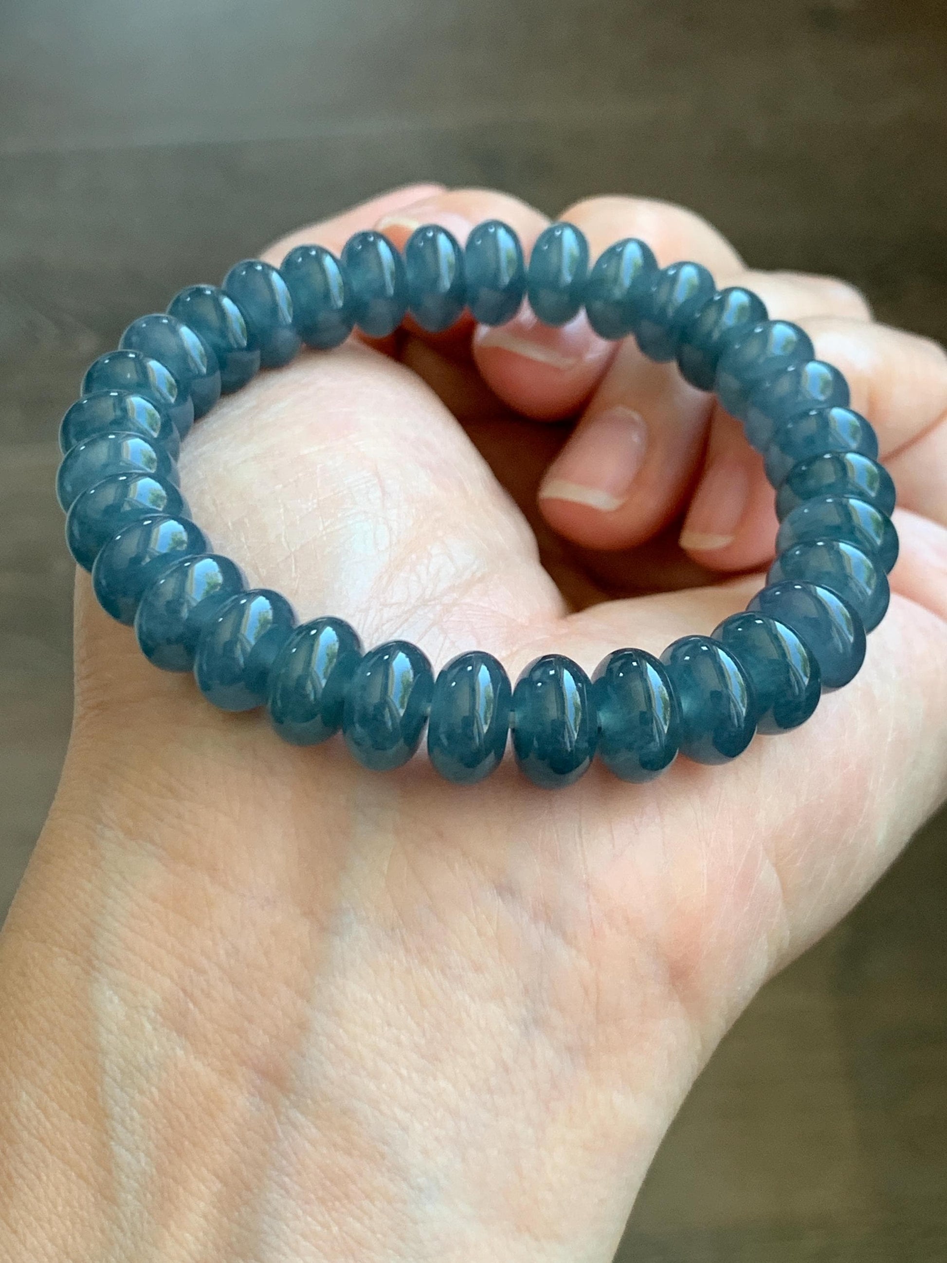 Certified Natural Guatemalan Icy Translucent Dusty Aegean Blue Jadeite Drum Beads Beaded Bracelet Stretchy 7” 34.72g 天然冰危蓝水翡翠鼓珠手串 9404