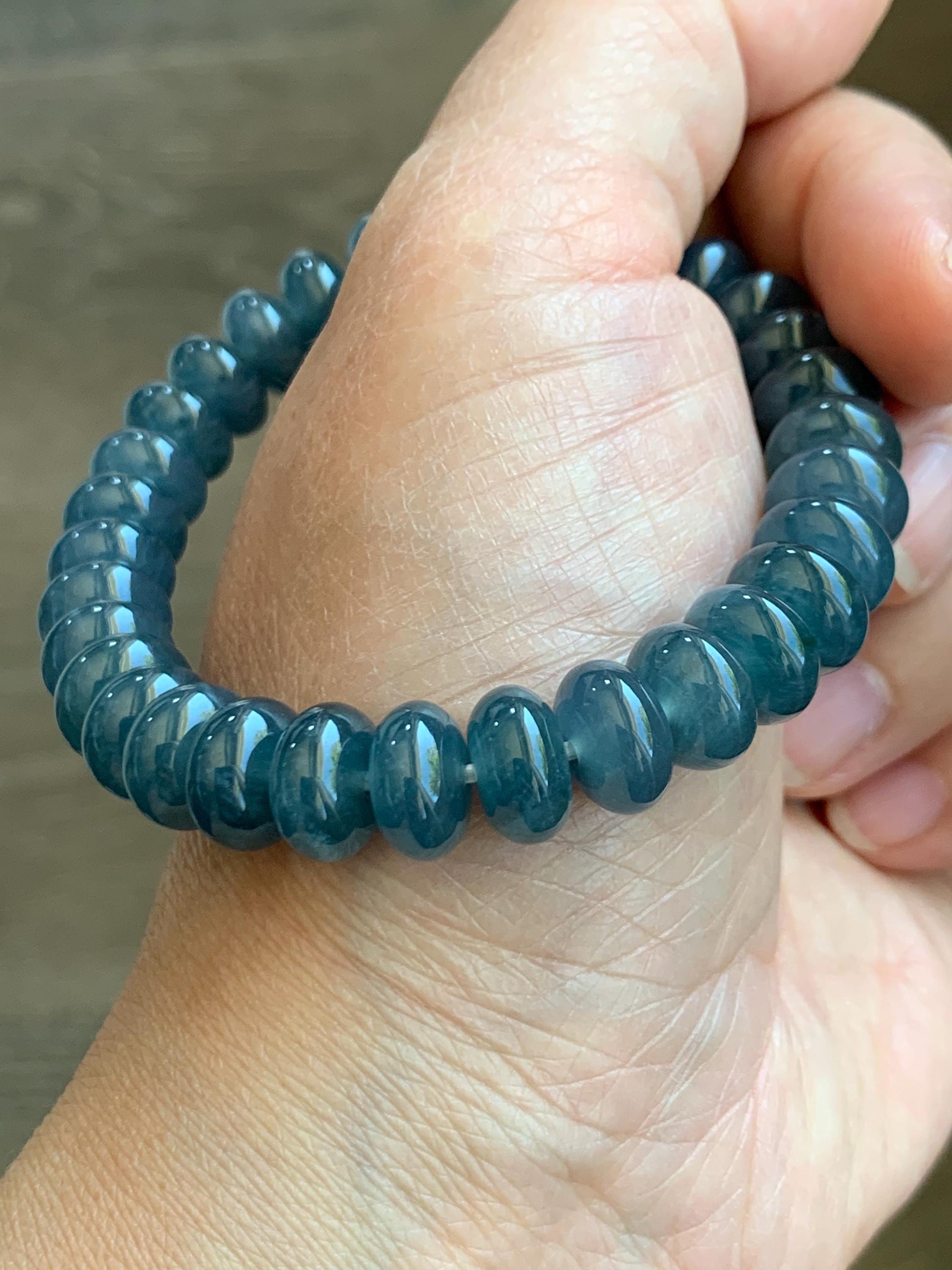 Certified Natural Guatemalan Icy Translucent Dusty Aegean Blue Jadeite Drum Beads Beaded Bracelet Stretchy 7” 34.72g 天然冰危蓝水翡翠鼓珠手串 9404