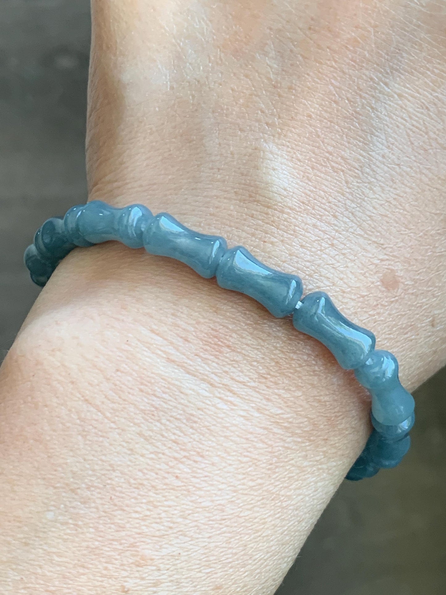 Natural Grade A Guatemalan Icy Translucent Gelatinous Dusty Blue Jadeite Carved Bamboo Stalk Beaded Bracelet 7.5” 14g 天然冰危篮翡翠竹节珠手串 HLZJ132