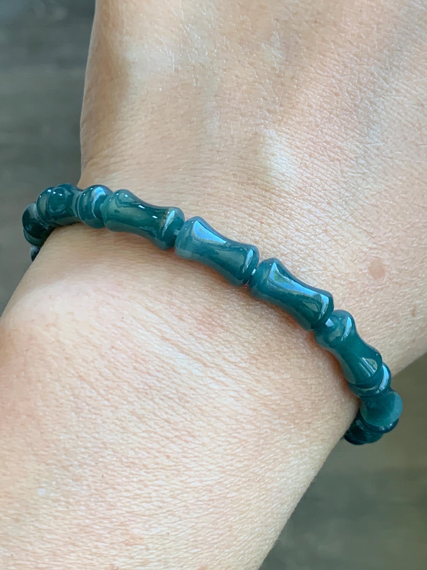 Natural Grade A Guatemalan Icy Translucent Gelatinous Dark Teal Blue Jadeite Carved Bamboo Stalk Beaded Bracelet 7.5” 天然冰危篮翡翠竹节珠手串 SLZJ132