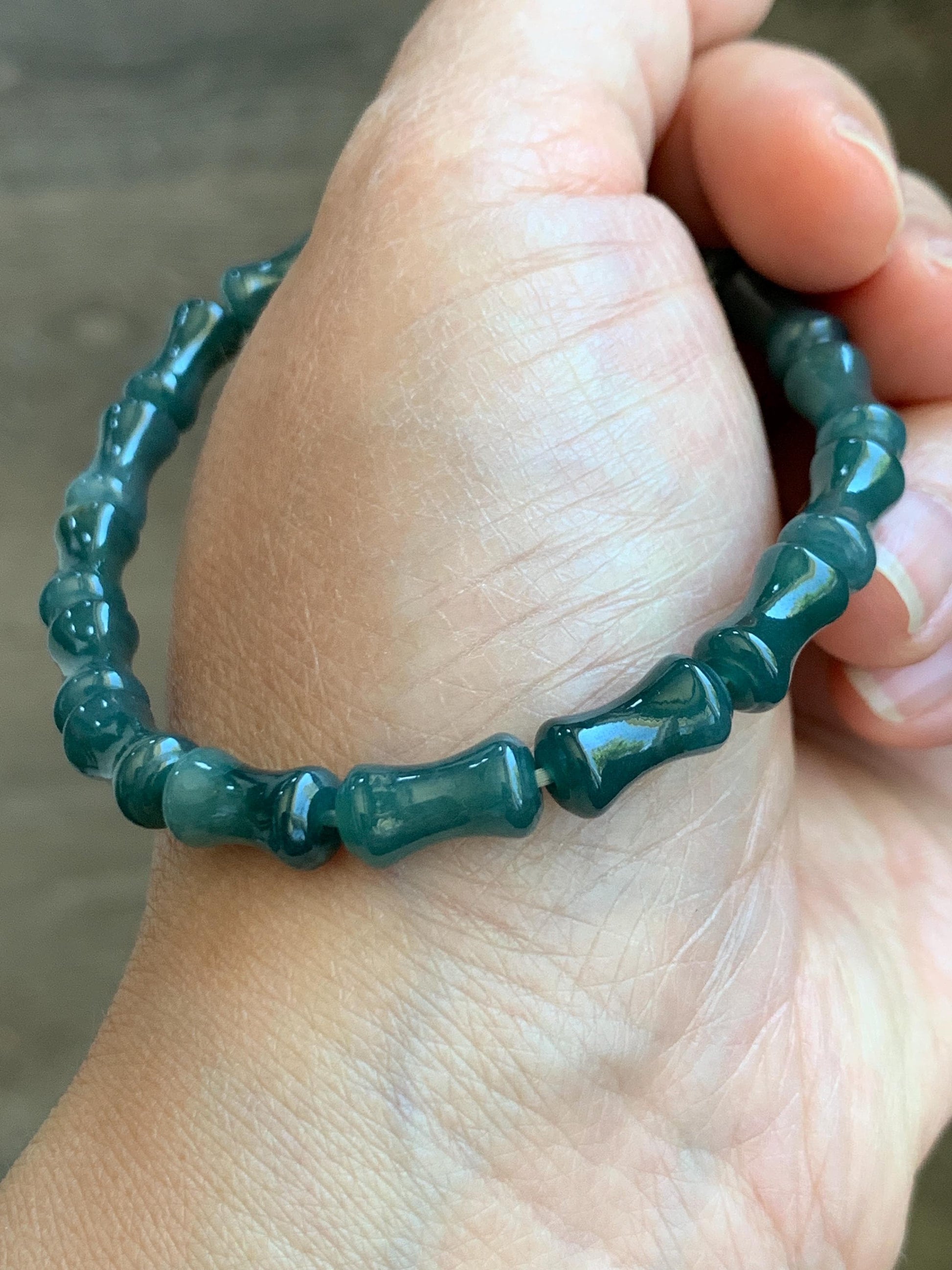 Natural Grade A Guatemalan Icy Translucent Gelatinous Dark Teal Blue Jadeite Carved Bamboo Stalk Beaded Bracelet 7.5” 天然冰危篮翡翠竹节珠手串 SLZJ132