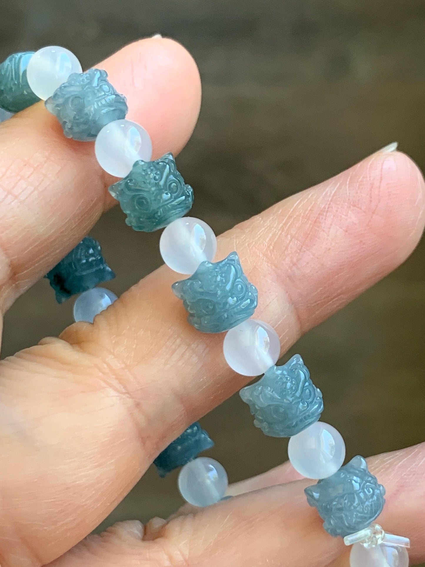Natural Grade A Guatemalan Icy Translucent Gelatinous Blue Jadeite Carved Dancing Lion Heads Beaded Bracelet 6.5” 13g 天然冰危篮翡翠醒狮珠手串 XSZ440