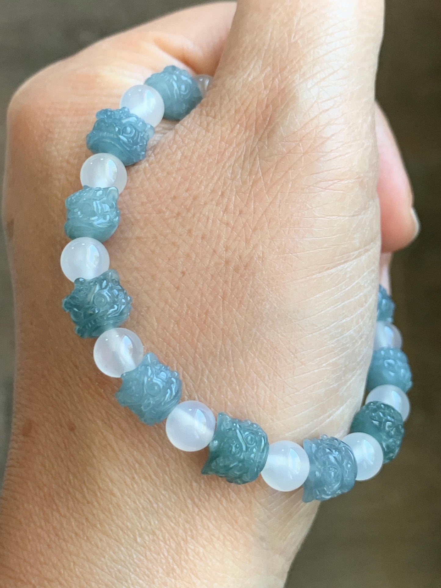 Natural Grade A Guatemalan Icy Translucent Gelatinous Blue Jadeite Carved Dancing Lion Heads Beaded Bracelet 6.5” 13g 天然冰危篮翡翠醒狮珠手串 XSZ440