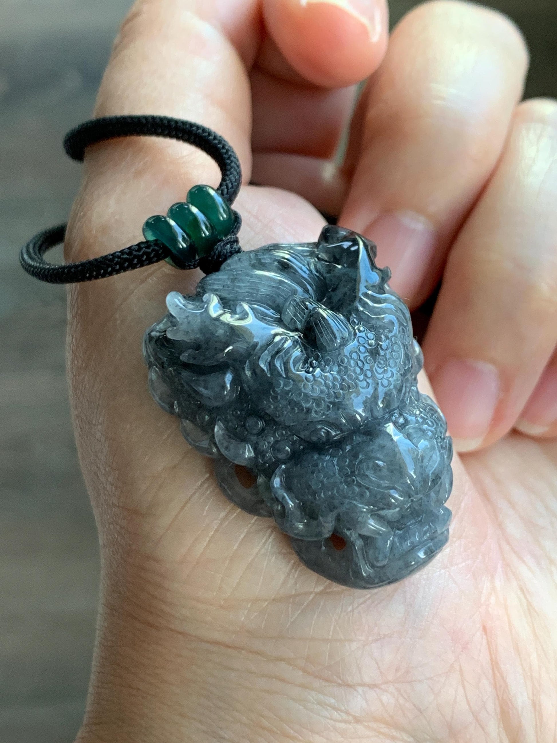 Natural Grade A Icy Translucent Wuji Jadeite Carved Dragon Head Wu Dao Enlightenment Pendant Rope Necklace 28" 29g 天然冰蓝乌鸡翡翠精工龙头吾道吊坠 MWJL220