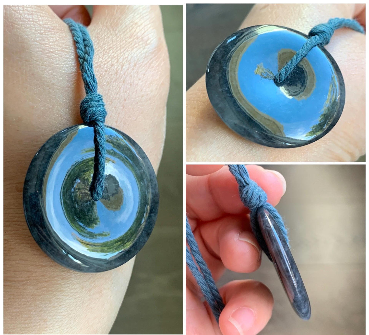 Natural Grade A Icy Translucent Wuji Jade Jadeite Large Ping An Kou Donut Pendant Rope Necklace 26” 18g 天然冰乌鸡翡翠平安扣吊坠 WJK145-B
