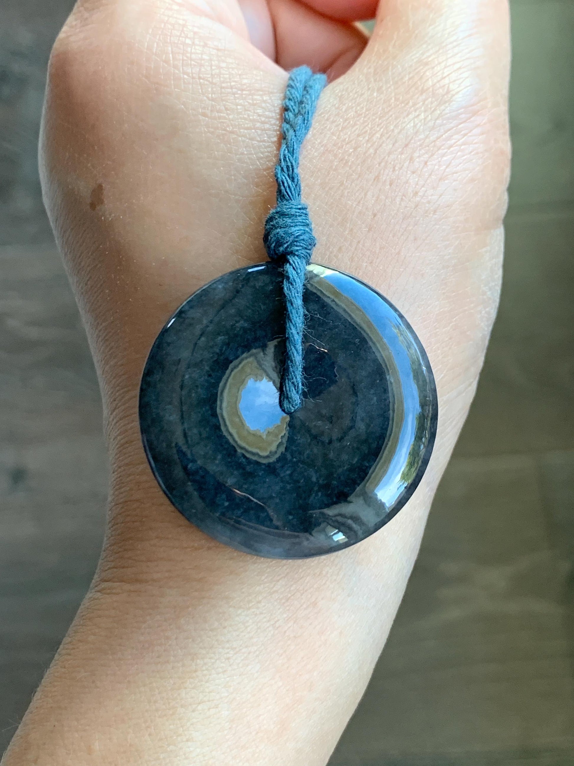 Natural Grade A Icy Translucent Wuji Jade Jadeite Large Ping An Kou Donut Pendant Rope Necklace 26” 18g 天然冰乌鸡翡翠平安扣吊坠 WJK145-B
