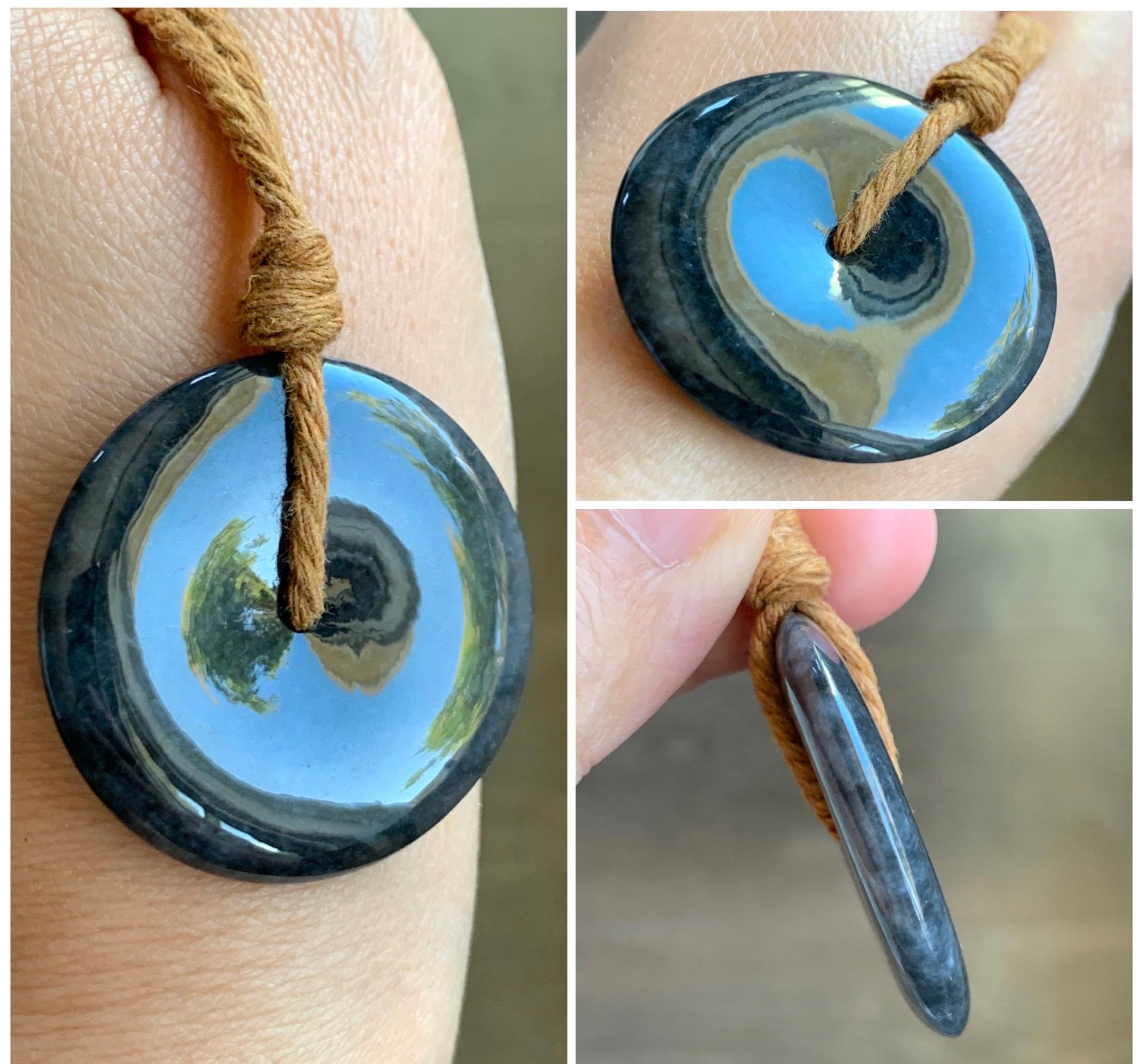 Natural Grade A Icy Translucent Wuji Jade Jadeite Large Ping An Kou Donut Pendant Rope Necklace 26” 19g 天然冰乌鸡翡翠平安扣吊坠 WJK145-Z