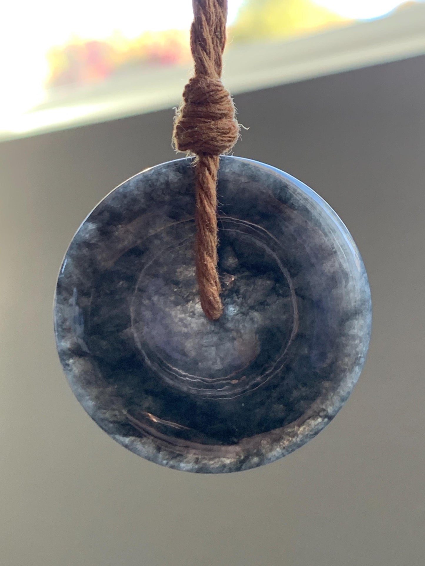 Natural Grade A Icy Translucent Wuji Jade Jadeite Large Ping An Kou Donut Pendant Rope Necklace 26” 19g 天然冰乌鸡翡翠平安扣吊坠 WJK145-Z
