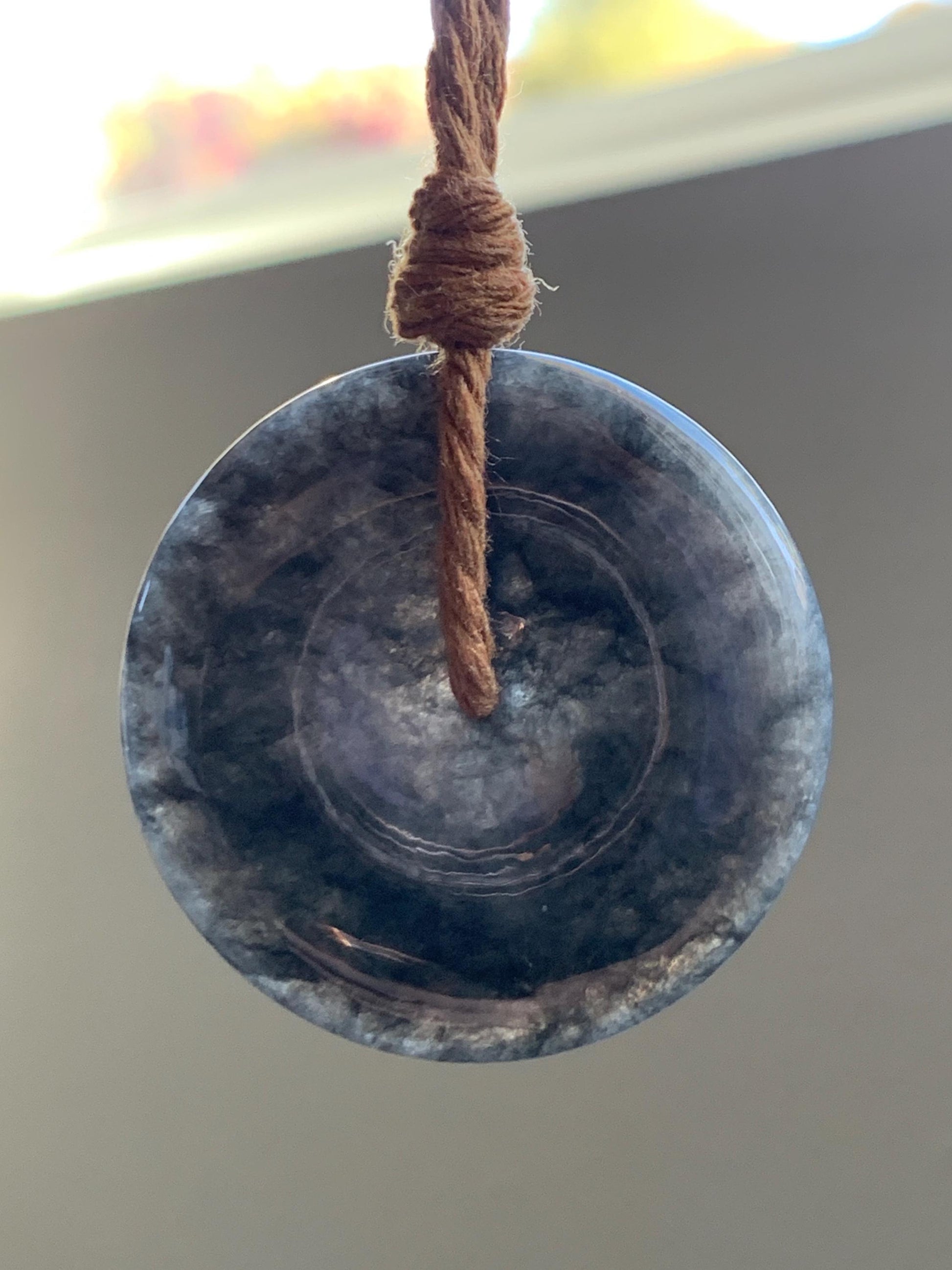 Natural Grade A Icy Translucent Wuji Jade Jadeite Large Ping An Kou Donut Pendant Rope Necklace 26” 19g 天然冰乌鸡翡翠平安扣吊坠 WJK145-Z
