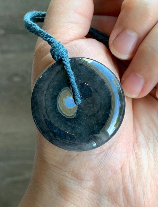 Natural Grade A Icy Translucent Wuji Jade Jadeite Large Ping An Kou Donut Pendant Rope Necklace 26” 18g 天然冰乌鸡翡翠平安扣吊坠 WJK145-B