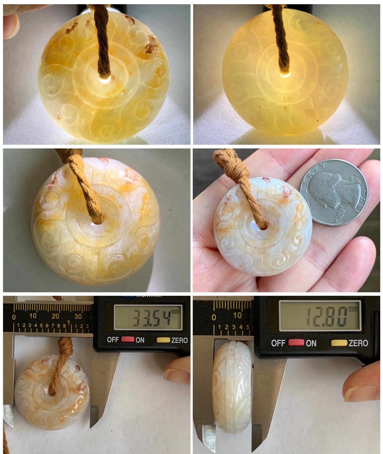 Natural Grade A Icy Translucent Yellow Marbled Jadeite Engraved Large Ping An Kou Donut Pendant Rope Necklace 26” 30g 天然撒金翡翠仿古雕平安扣吊坠 MSJ150