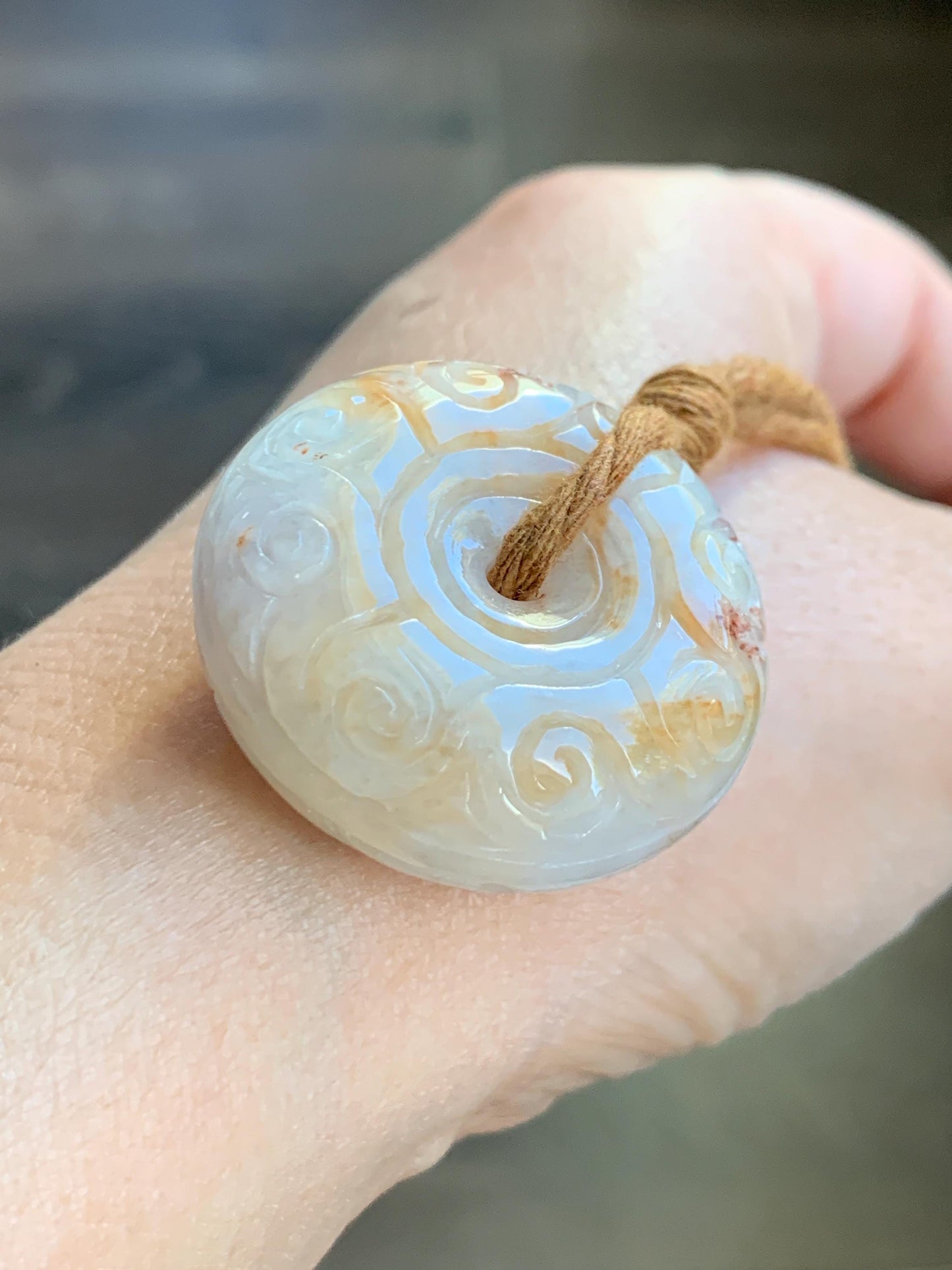 Natural Grade A Icy Translucent Yellow Marbled Jadeite Engraved Large Ping An Kou Donut Pendant Rope Necklace 26” 30g 天然撒金翡翠仿古雕平安扣吊坠 MSJ150