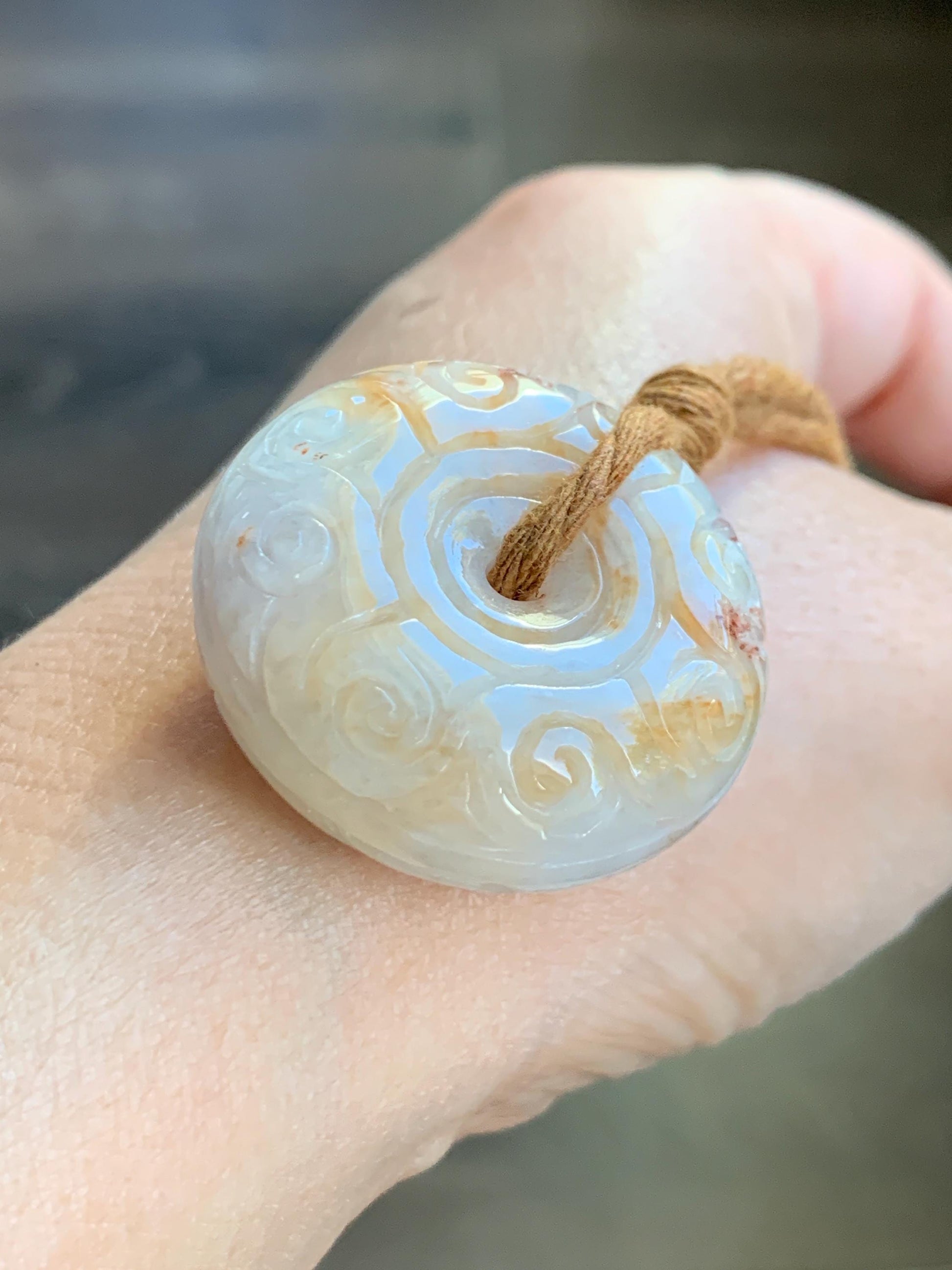Natural Grade A Icy Translucent Yellow Marbled Jadeite Engraved Large Ping An Kou Donut Pendant Rope Necklace 26” 30g 天然撒金翡翠仿古雕平安扣吊坠 MSJ150