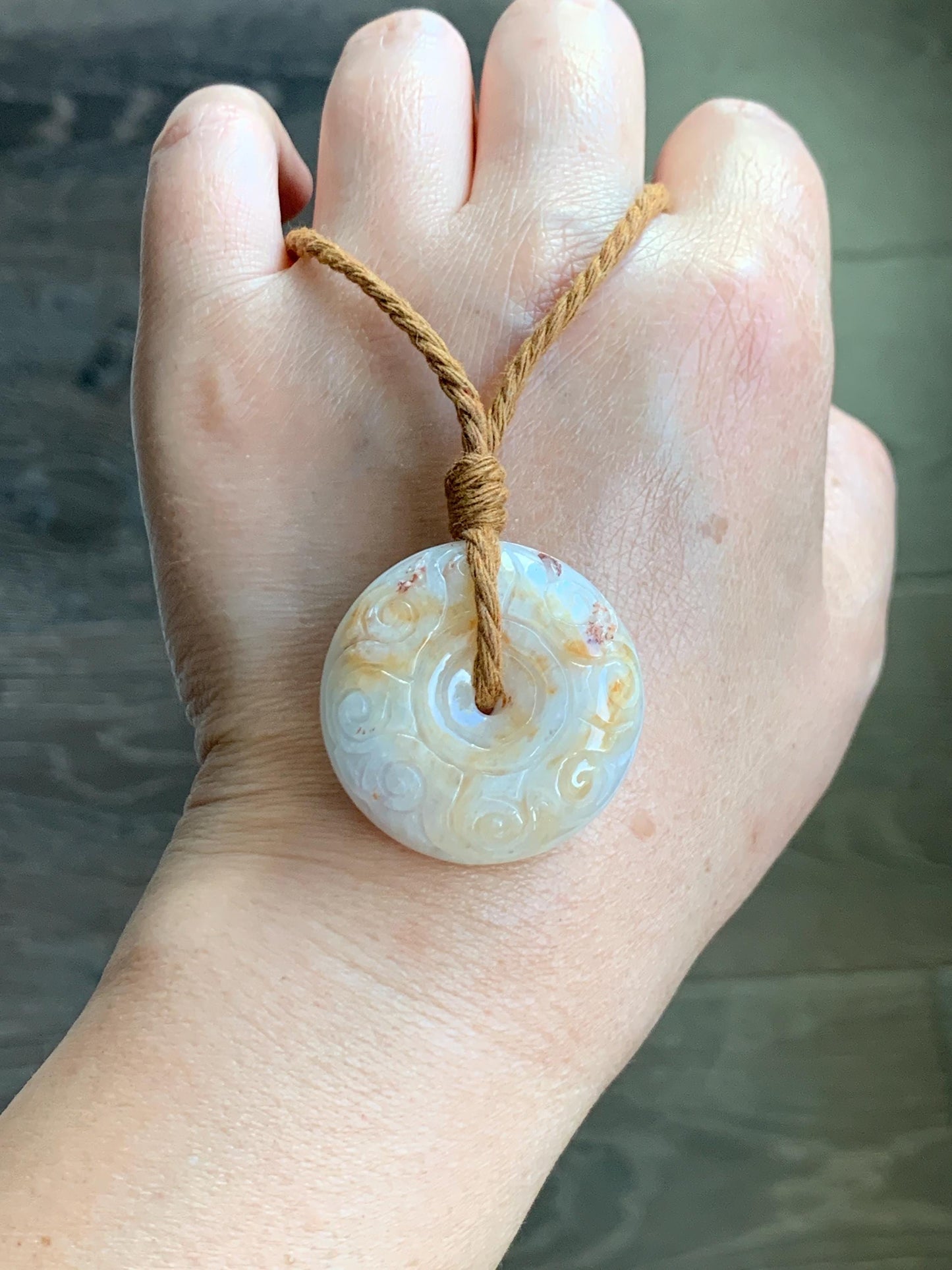 Natural Grade A Icy Translucent Yellow Marbled Jadeite Engraved Large Ping An Kou Donut Pendant Rope Necklace 26” 30g 天然撒金翡翠仿古雕平安扣吊坠 MSJ150