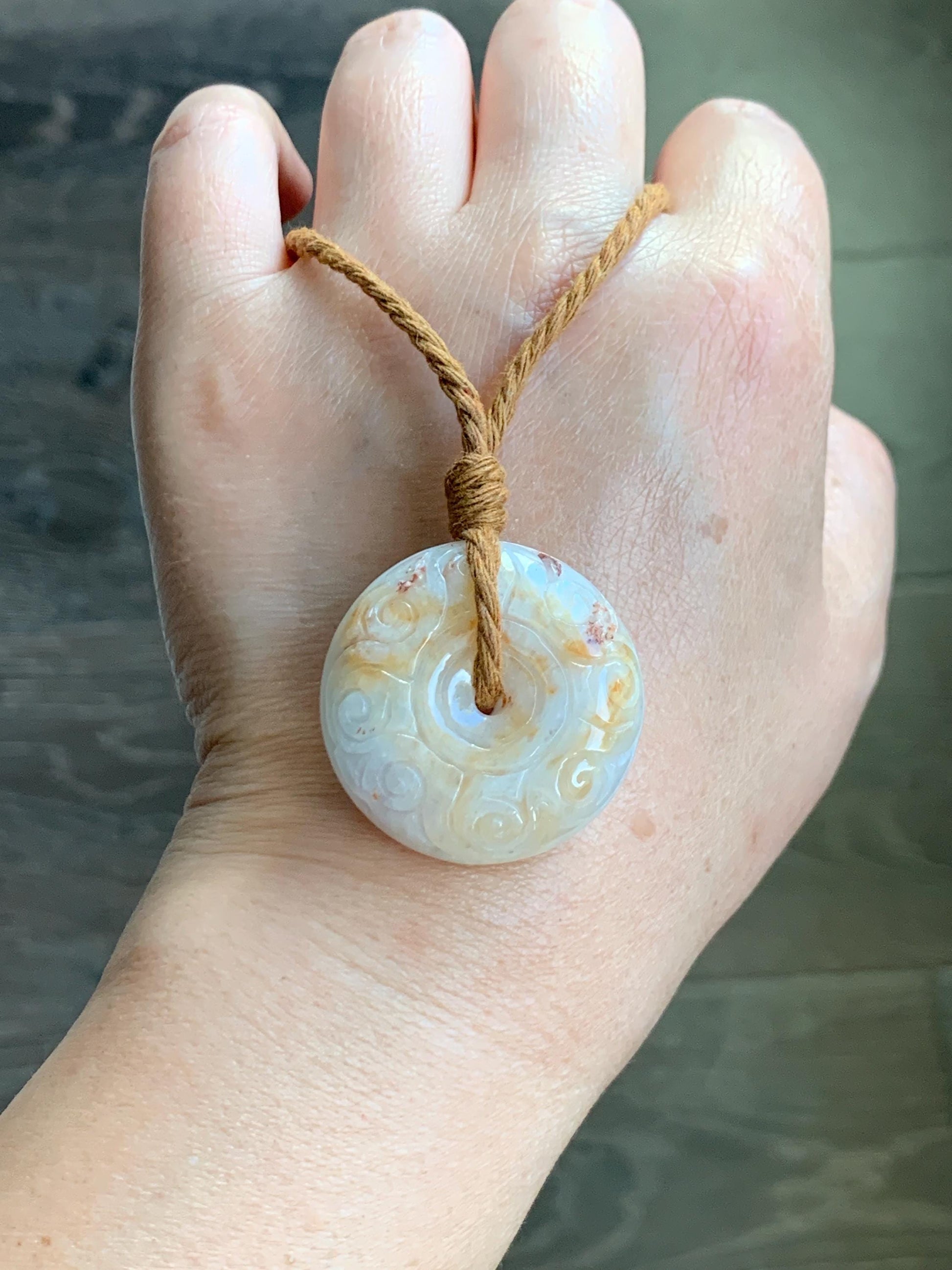 Natural Grade A Icy Translucent Yellow Marbled Jadeite Engraved Large Ping An Kou Donut Pendant Rope Necklace 26” 30g 天然撒金翡翠仿古雕平安扣吊坠 MSJ150