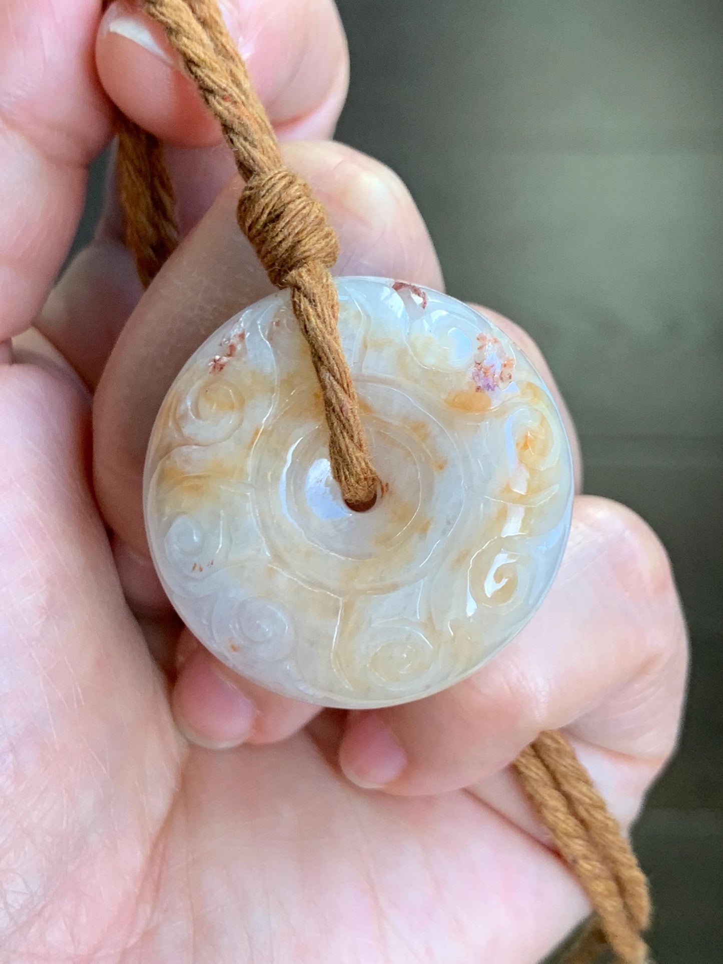 Natural Grade A Icy Translucent Yellow Marbled Jadeite Engraved Large Ping An Kou Donut Pendant Rope Necklace 26” 30g 天然撒金翡翠仿古雕平安扣吊坠 MSJ150
