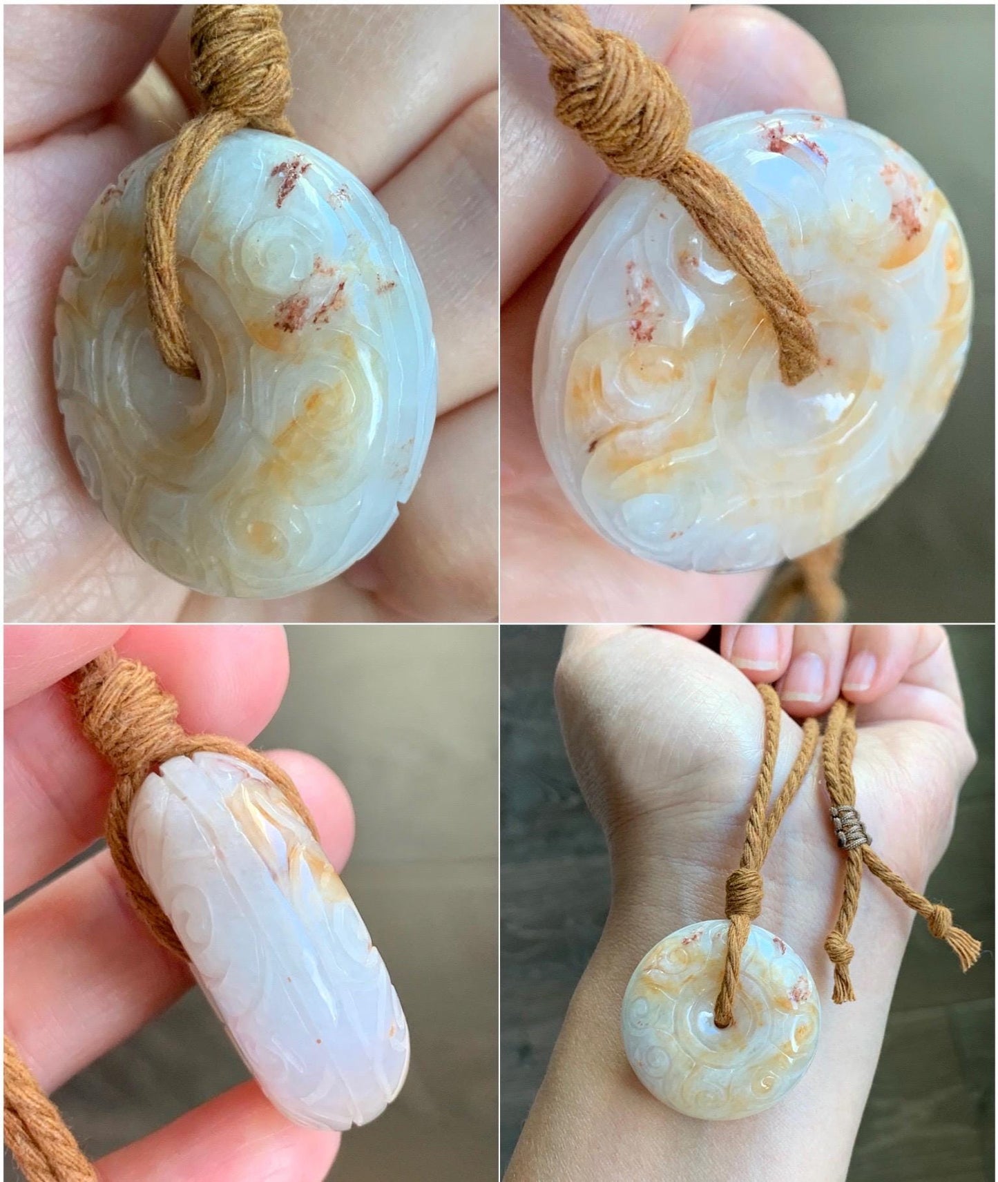 Natural Grade A Icy Translucent Yellow Marbled Jadeite Engraved Large Ping An Kou Donut Pendant Rope Necklace 26” 30g 天然撒金翡翠仿古雕平安扣吊坠 MSJ150