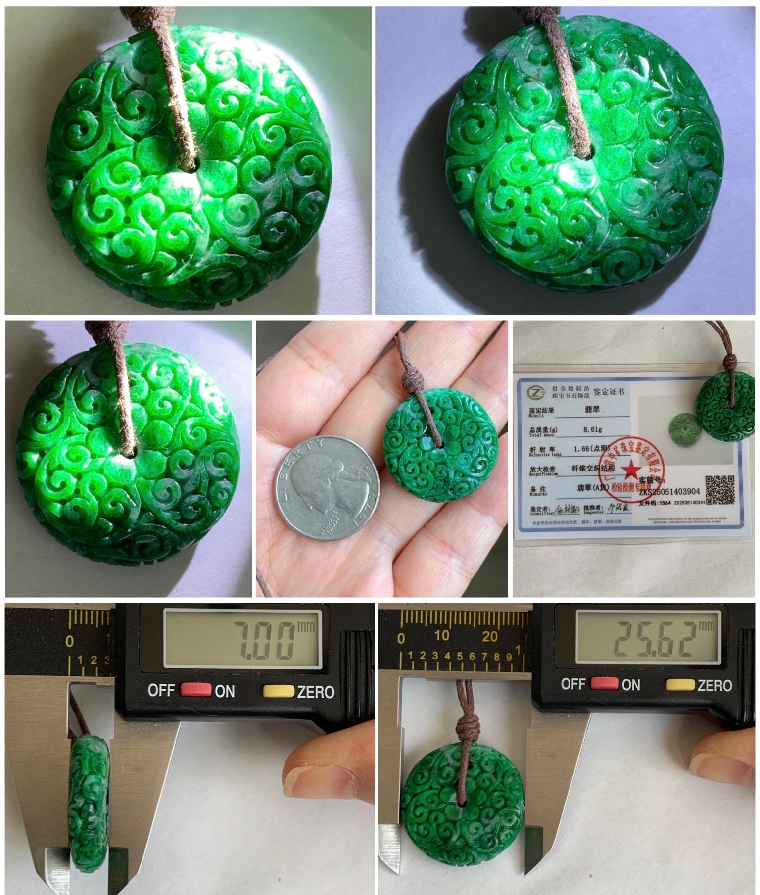 Certified Natural Grade A Icy Vibrant Hot Green Jade Jadeite Engraved Donut Ping An Kou Pendant Rope Necklace 8.61g 天然辣绿花青翡翠仿古雕平安扣吊坠 3904