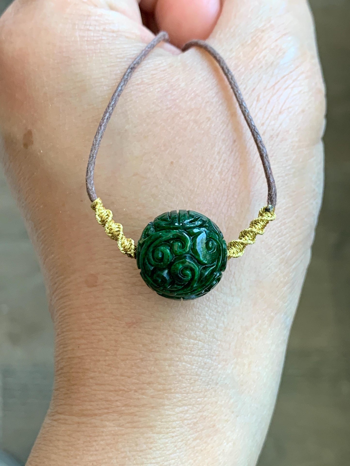 Certified Natural Grade A Icy Green Jade Jadeite Engraved Bead Sphere Pendant Rope Necklace Adjustable 25” 5.69g 天然绿花青翡翠仿古雕单珠吊坠 2642
