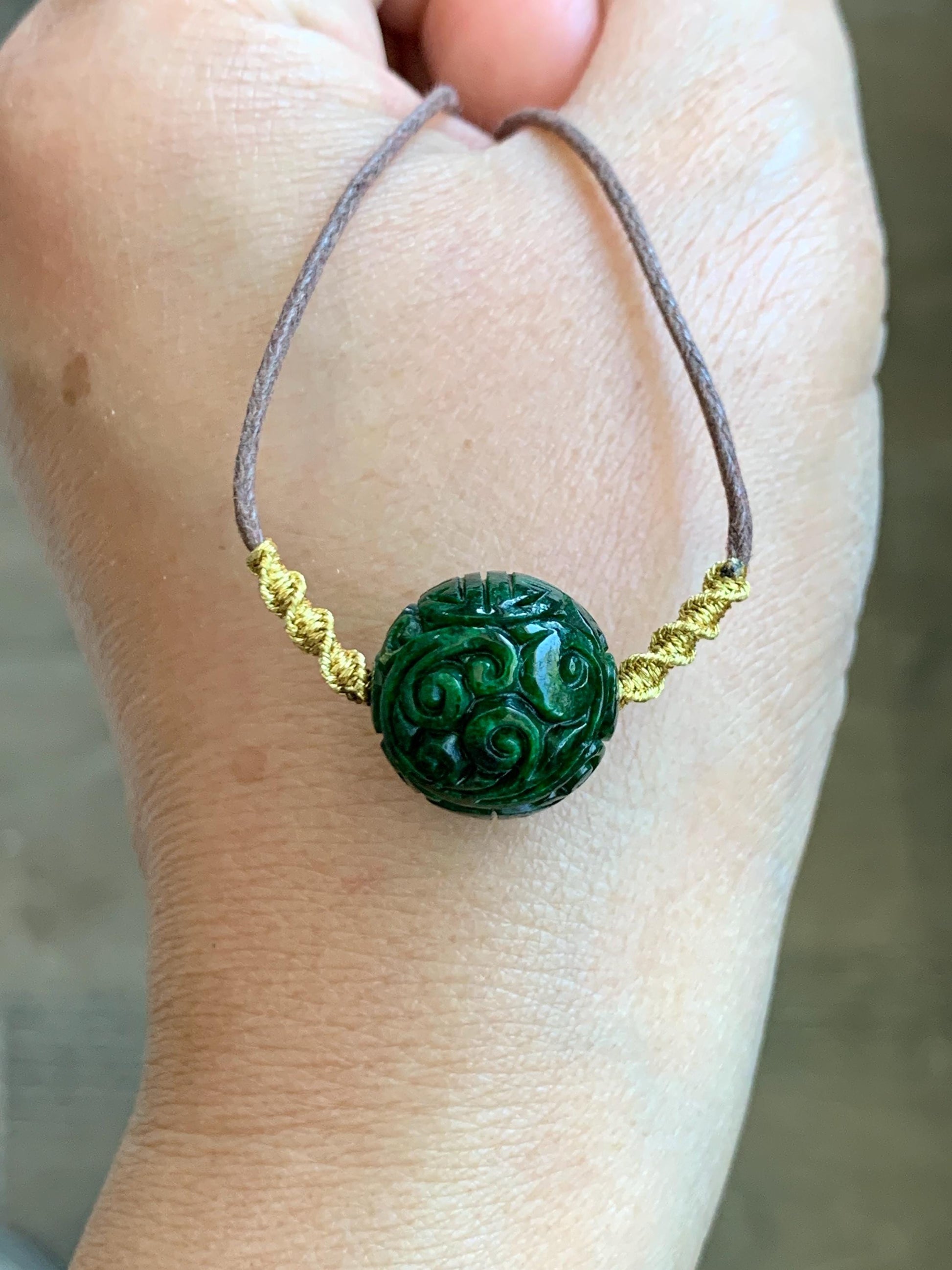 Certified Natural Grade A Icy Green Jade Jadeite Engraved Bead Sphere Pendant Rope Necklace Adjustable 25” 5.69g 天然绿花青翡翠仿古雕单珠吊坠 2642