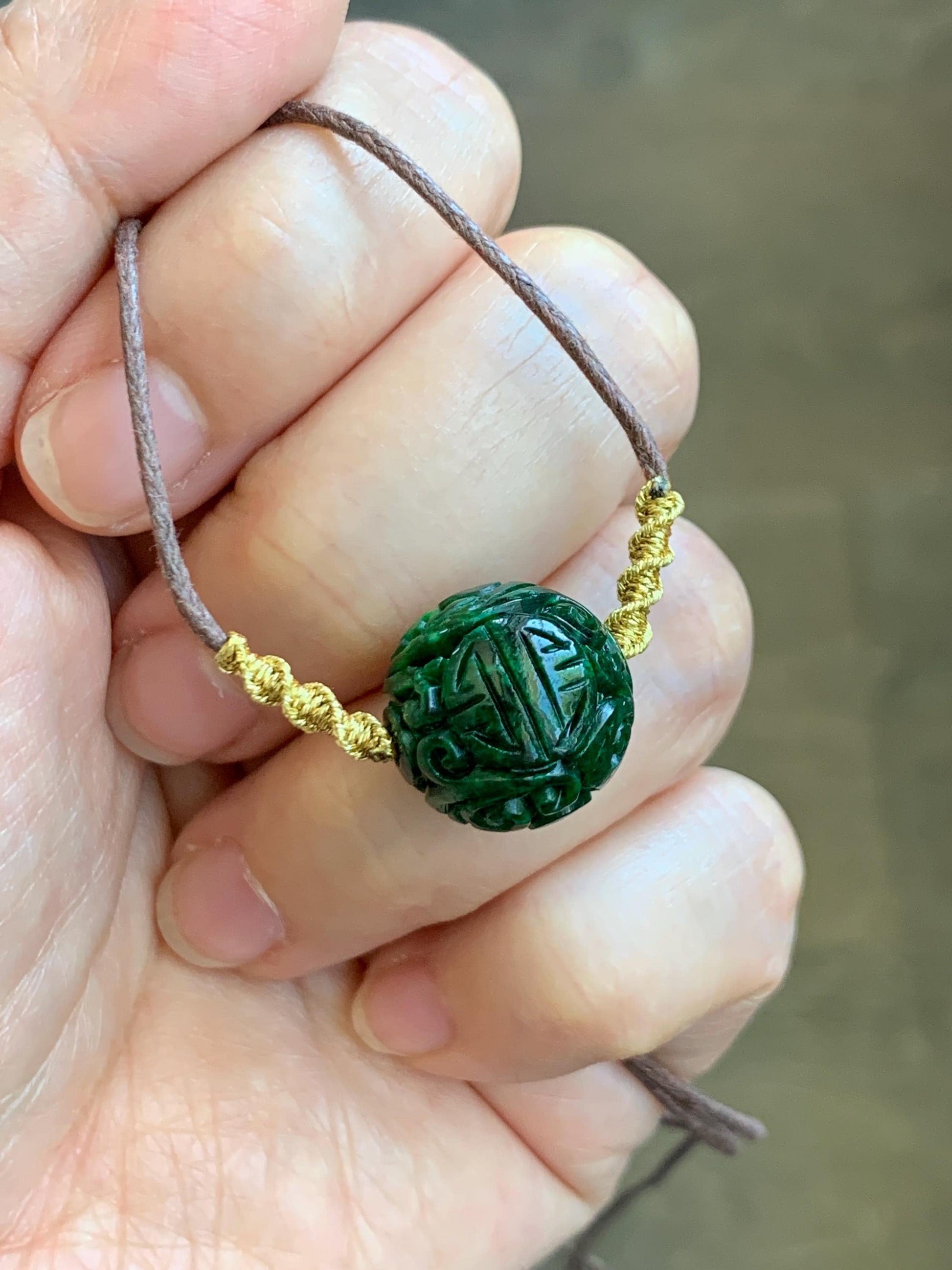 Certified Natural Grade A Icy Green Jade Jadeite Engraved Bead Sphere Pendant Rope Necklace Adjustable 25” 5.69g 天然绿花青翡翠仿古雕单珠吊坠 2642