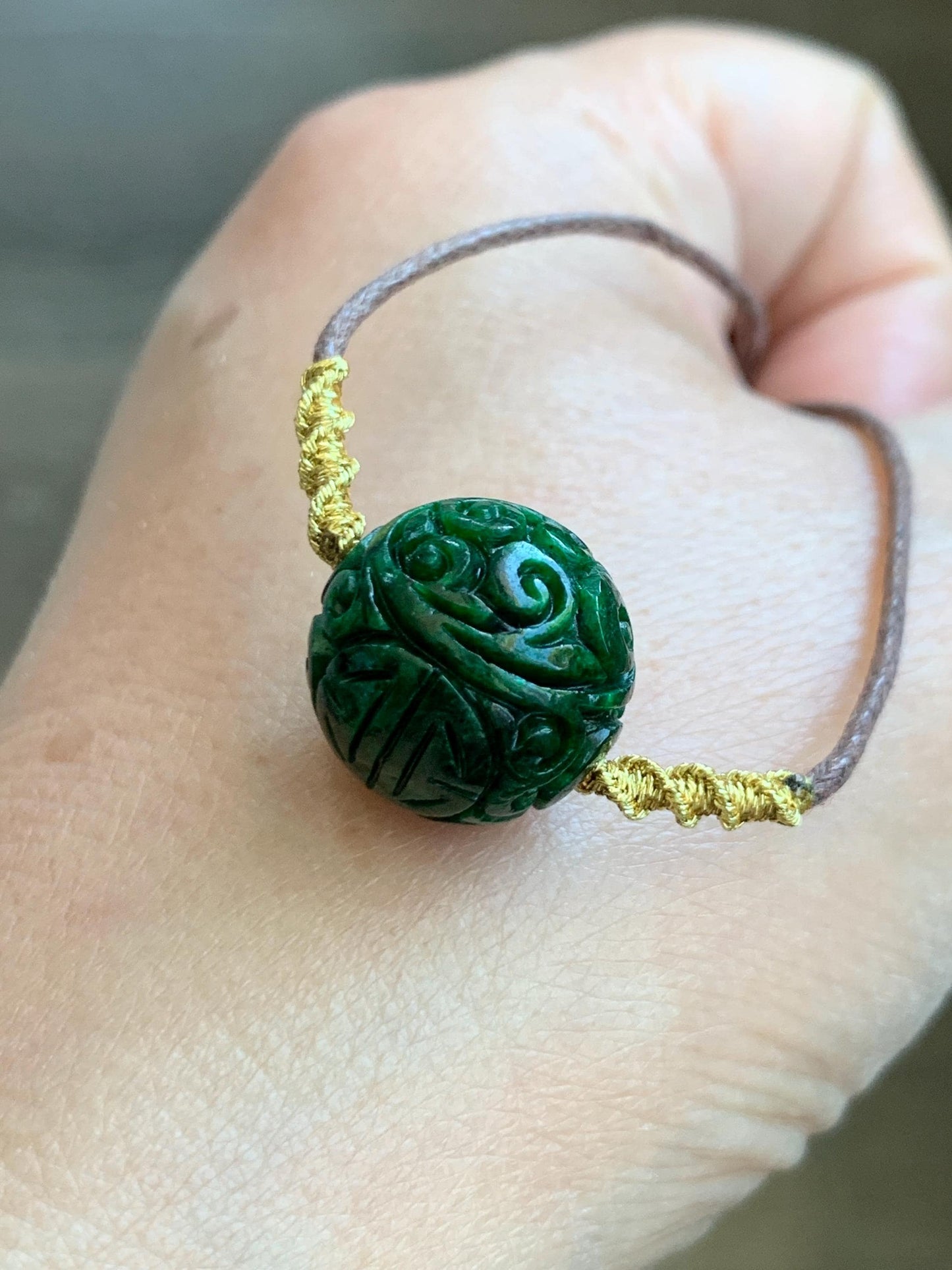 Certified Natural Grade A Icy Green Jade Jadeite Engraved Bead Sphere Pendant Rope Necklace Adjustable 25” 5.69g 天然绿花青翡翠仿古雕单珠吊坠 2642