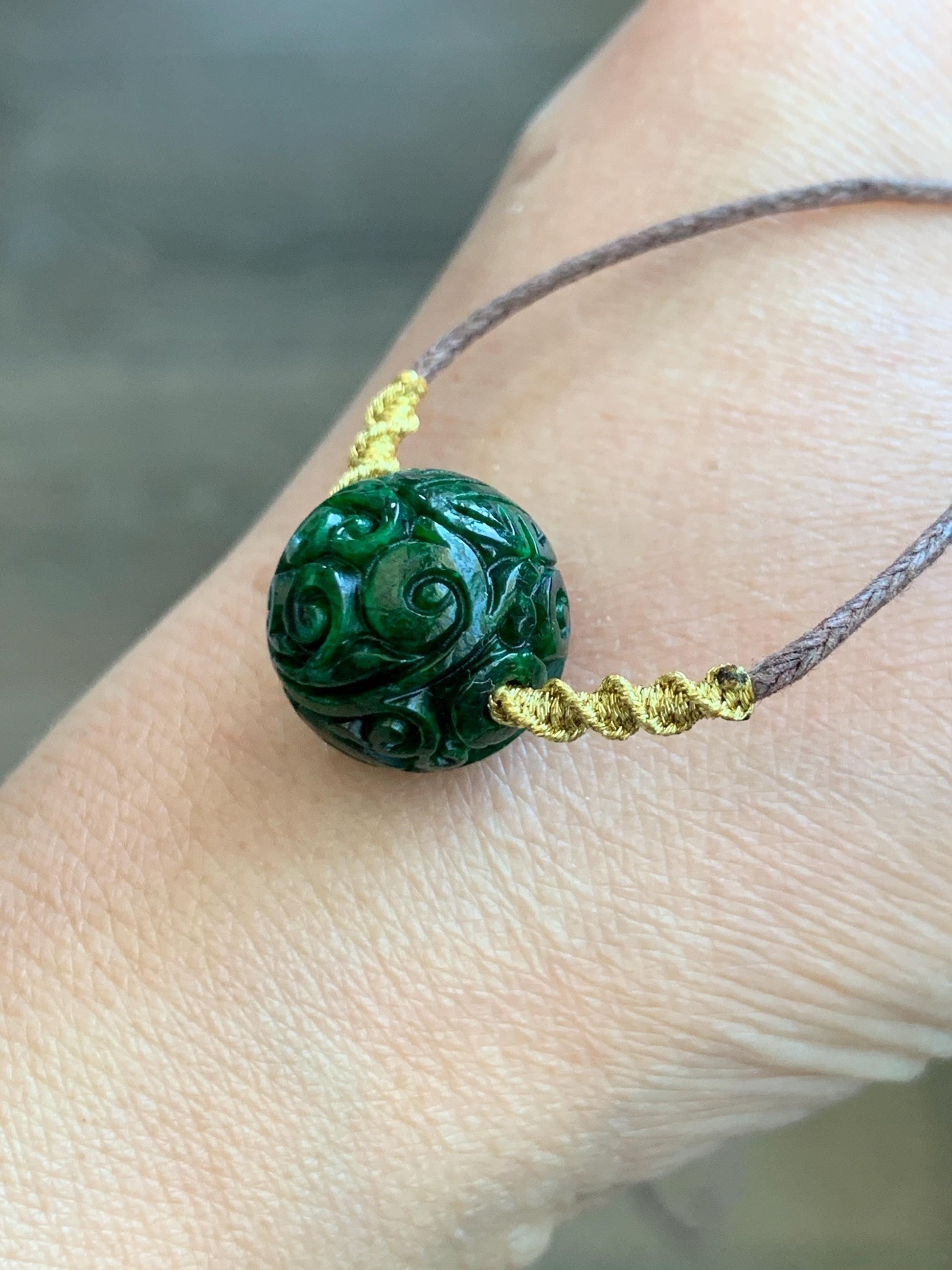 Certified Natural Grade A Icy Green Jade Jadeite Engraved Bead Sphere Pendant Rope Necklace Adjustable 25” 5.69g 天然绿花青翡翠仿古雕单珠吊坠 2642