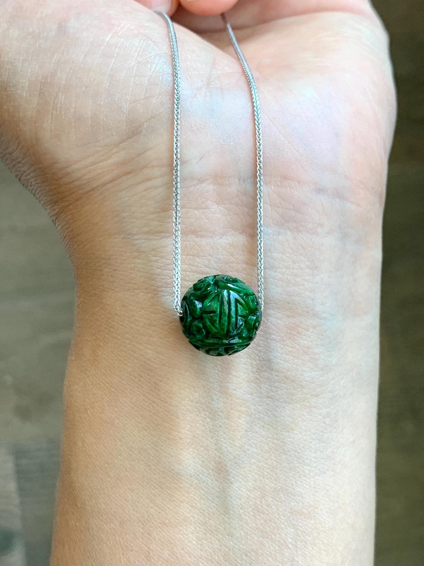 Certified Natural Grade A Icy Green Jade Jadeite Engraved Bead Sphere Pendant Sterling Silver Necklace Adjustable 17” 天然绿花青翡翠仿古雕单珠吊坠 2641