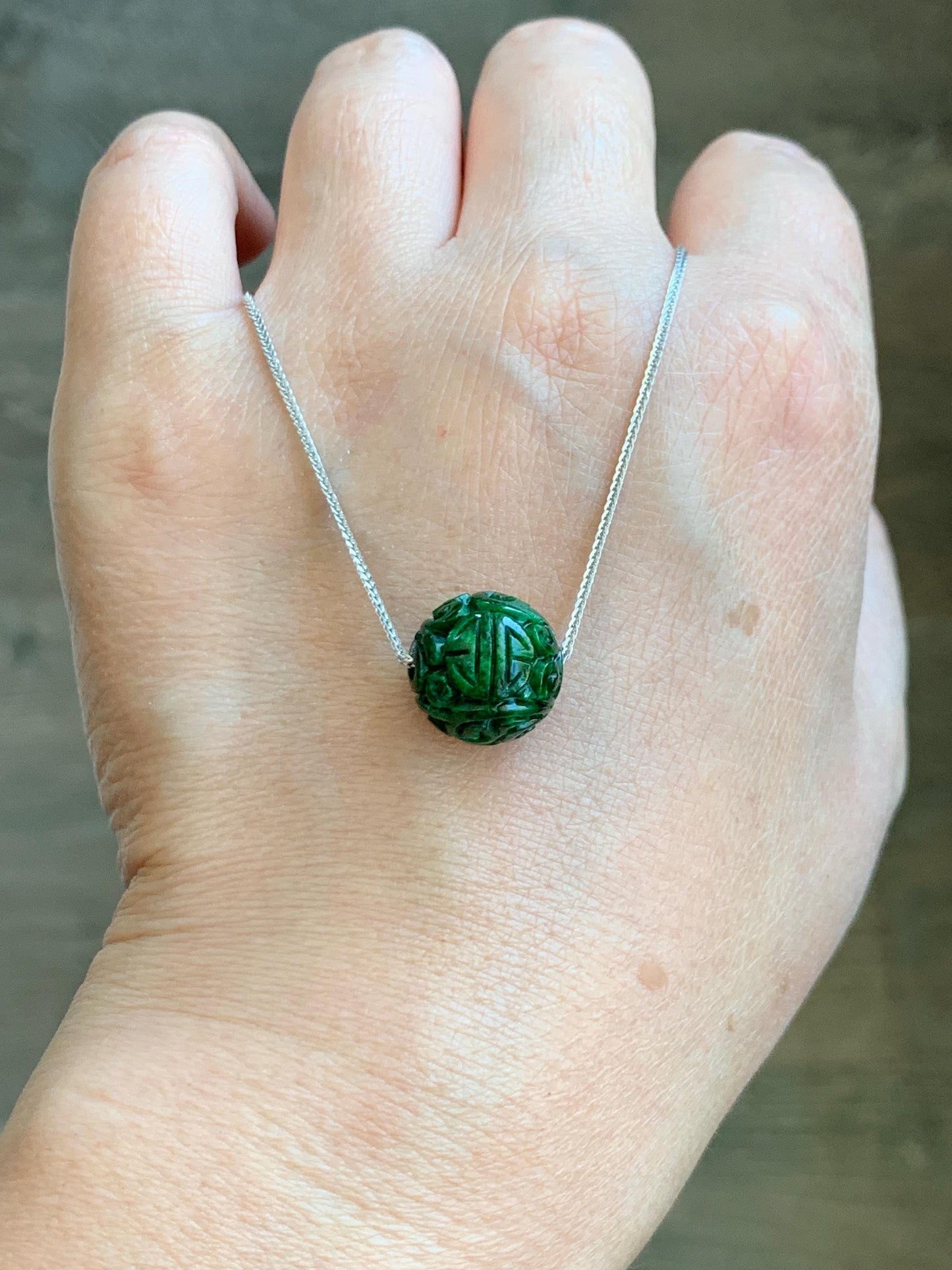Certified Natural Grade A Icy Green Jade Jadeite Engraved Bead Sphere Pendant Sterling Silver Necklace Adjustable 17” 天然绿花青翡翠仿古雕单珠吊坠 2641