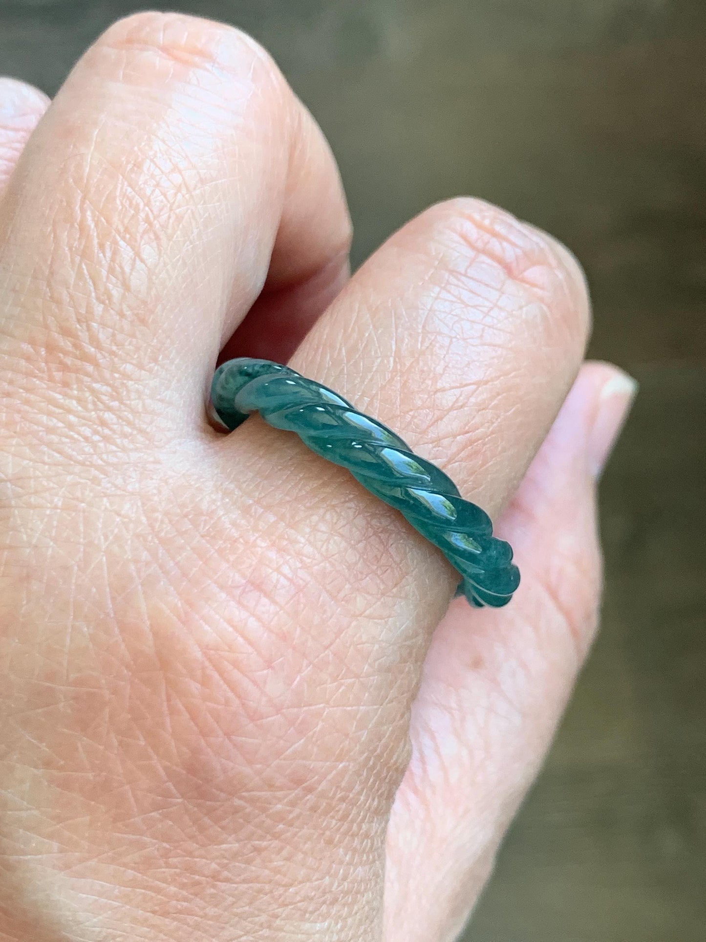 Natural Grade A Guatemalan Icy Translucent Gelatinous Dark Teal Blue Jadeite Carved Braid Band Ring Size 11.5 US 3g 天然冰胶危蓝水翡翠麻花戒圈 WMH60C