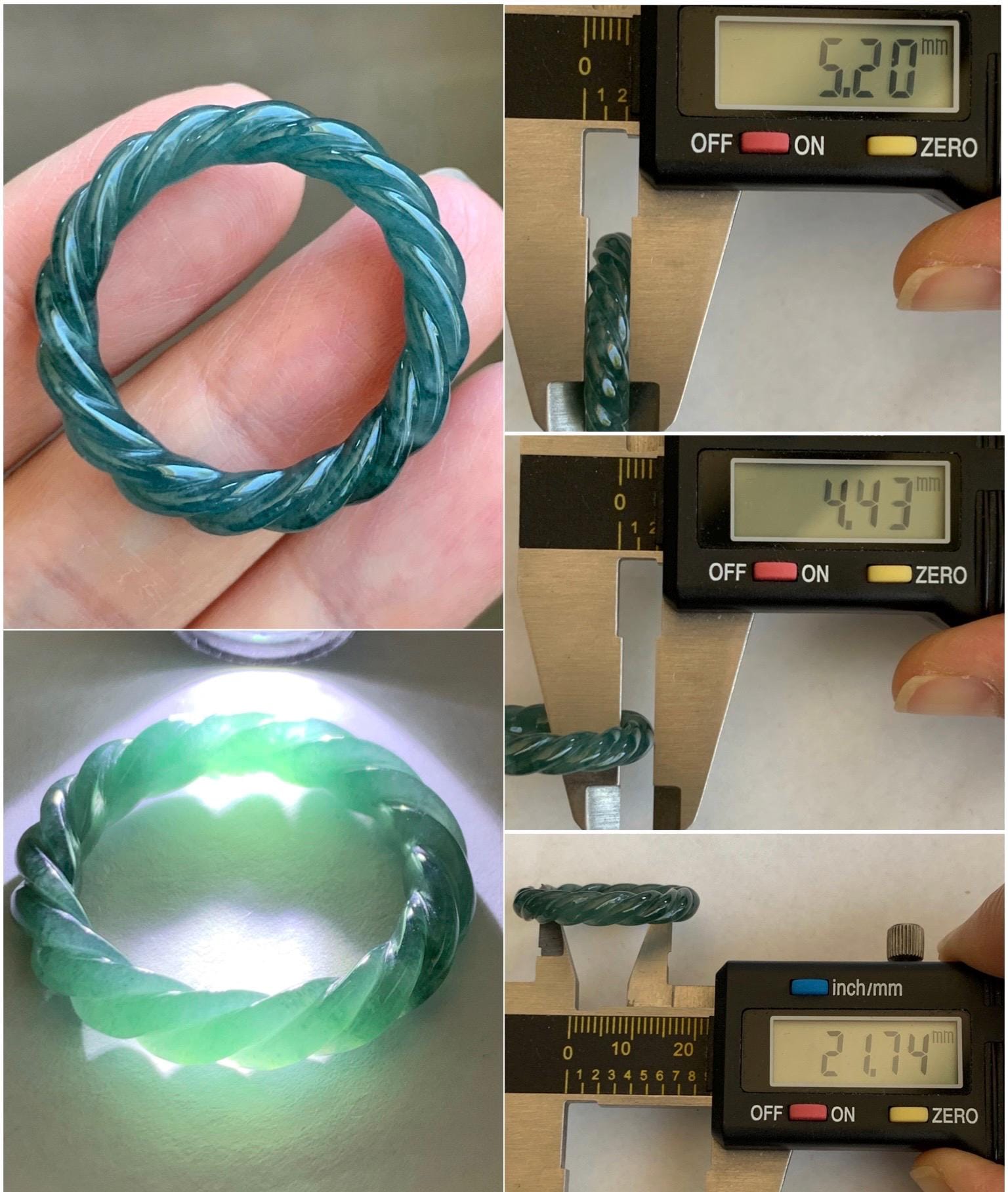 Natural Grade A Guatemalan Icy Translucent Gelatinous Dark Teal Blue Jadeite Carved Braid Band Ring Size 11.25 US 4g 天然冰胶危蓝水翡翠麻花戒圈 WMH60B