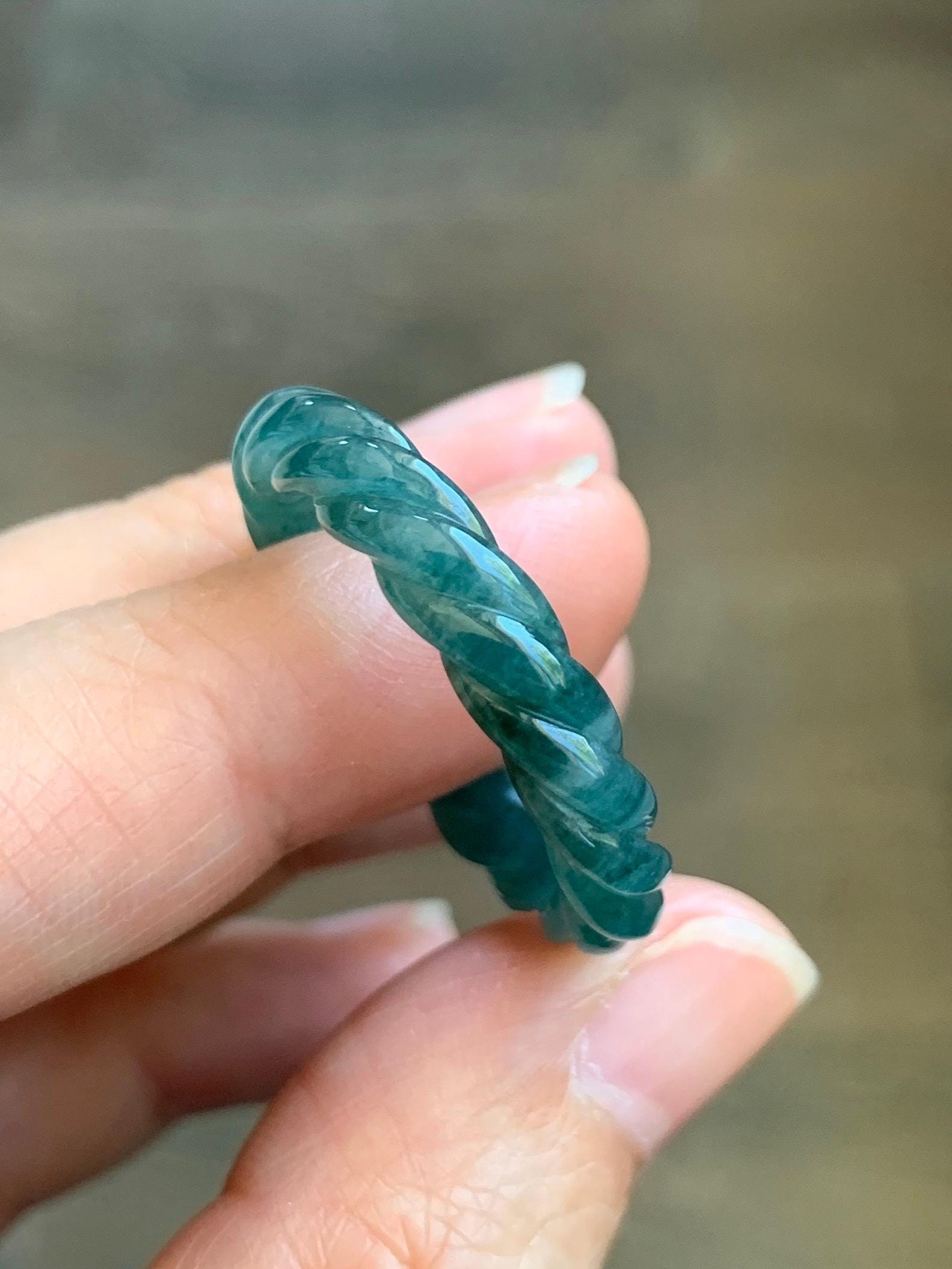 Natural Grade A Guatemalan Icy Translucent Gelatinous Dark Teal Blue Jadeite Carved Braid Band Ring Size 11.25 US 4g 天然冰胶危蓝水翡翠麻花戒圈 WMH60B