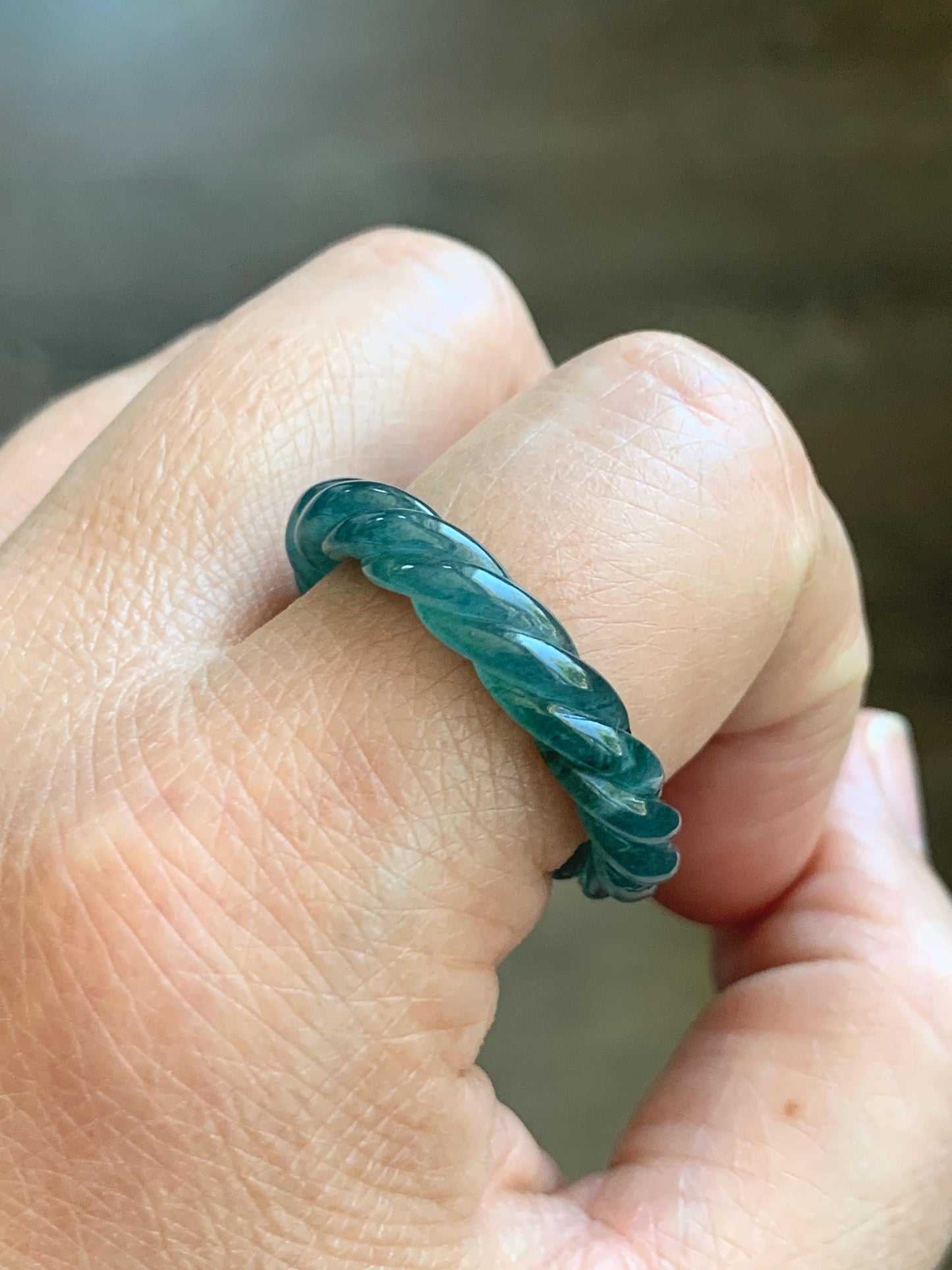 Natural Grade A Guatemalan Icy Translucent Gelatinous Dark Teal Blue Jadeite Carved Braid Band Ring Size 11.25 US 4g 天然冰胶危蓝水翡翠麻花戒圈 WMH60B