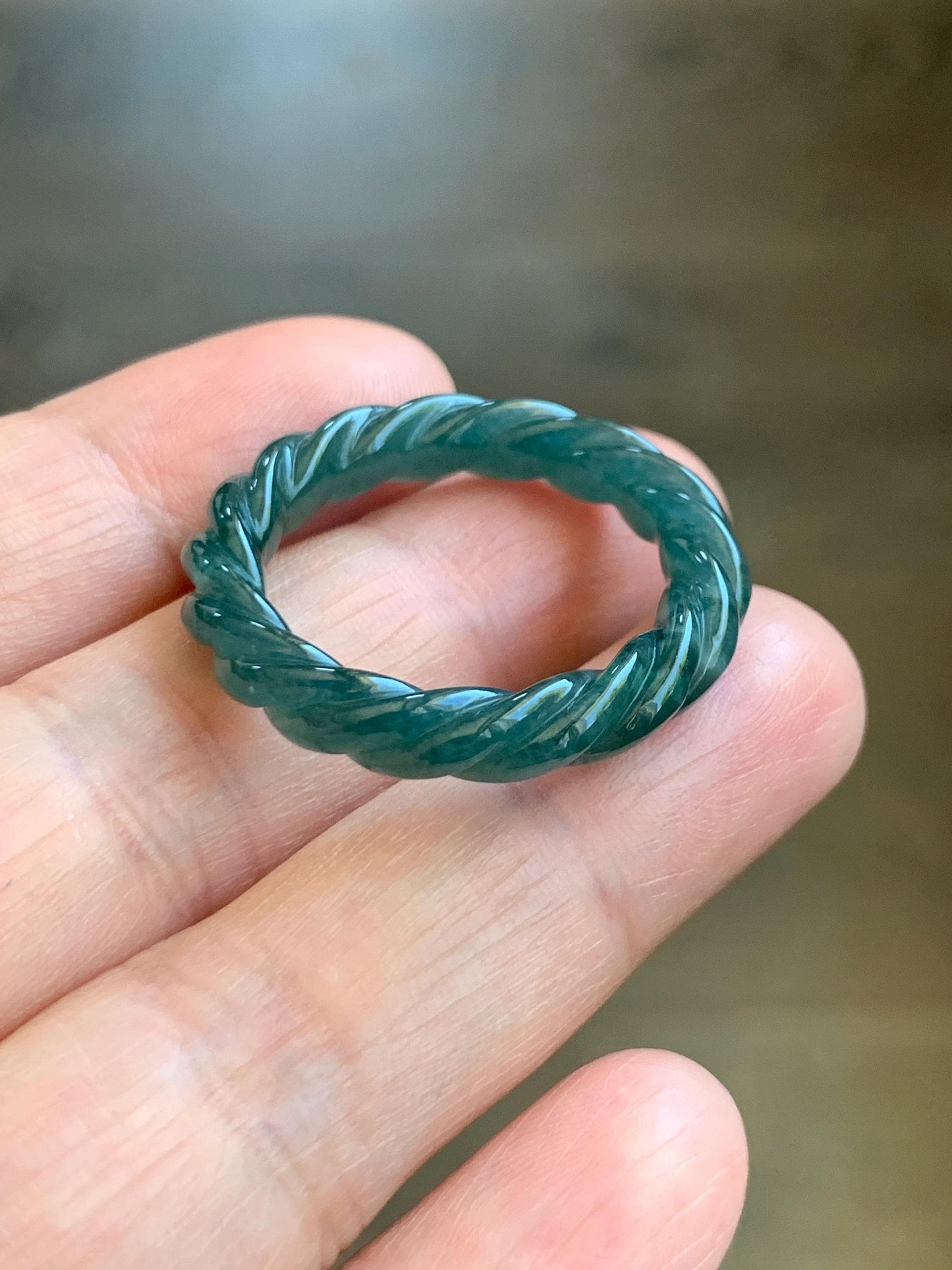 Natural Grade A Guatemalan Icy Translucent Gelatinous Dark Teal Blue Jadeite Carved Braid Band Ring Size 11.25 US 4g 天然冰胶危蓝水翡翠麻花戒圈 WMH60B