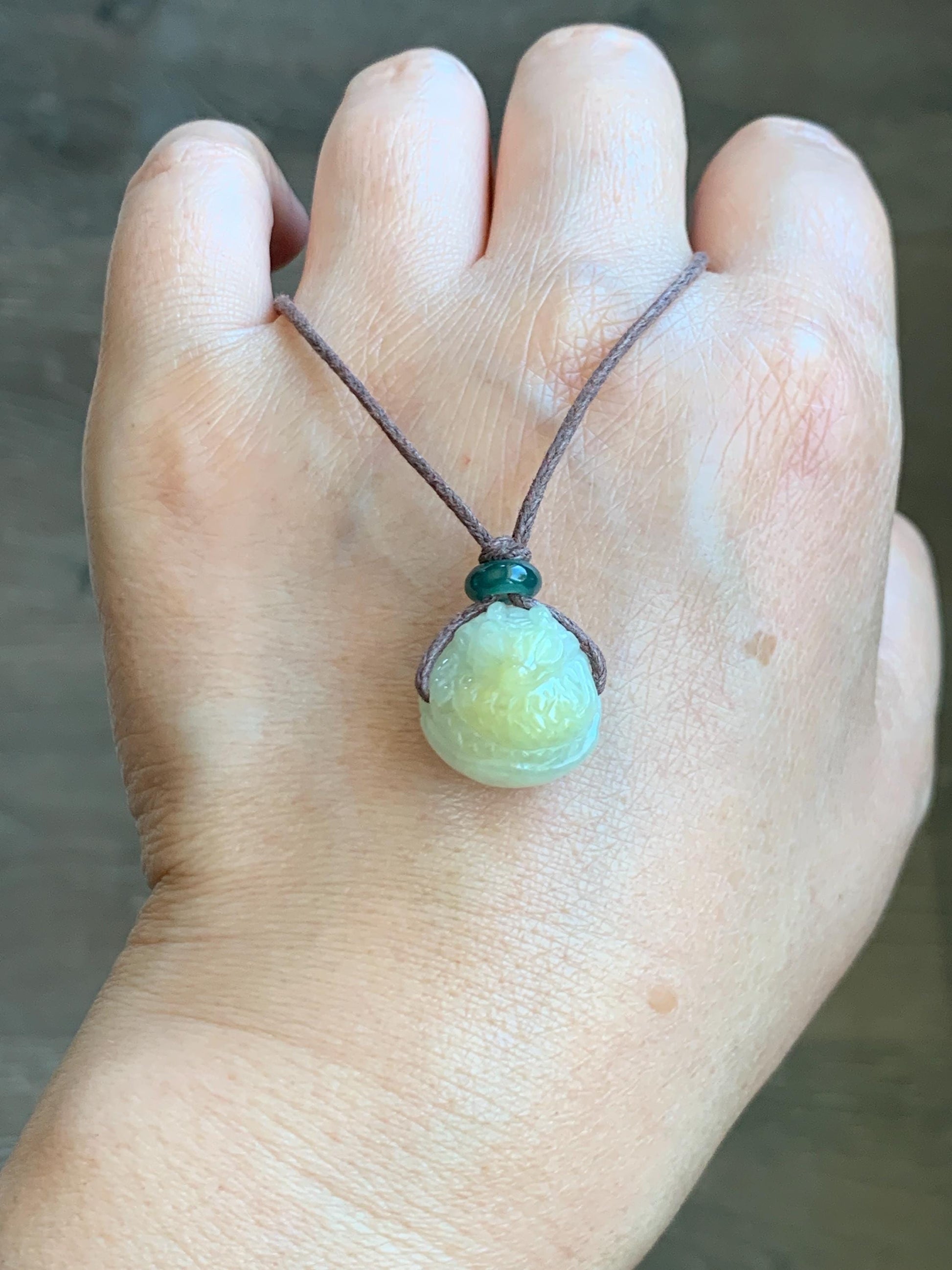 Natural Grade A Icy Translucent Yellow Marbled Jade Jadeite Baby Dragon Dragon Egg Pendant Rope Necklace 25” 7g 天然冰黄翡翠破壳龙宝宝珠吊坠项链 MHLD89