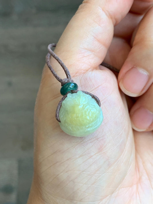 Natural Grade A Icy Translucent Yellow Marbled Jade Jadeite Baby Dragon Dragon Egg Pendant Rope Necklace 25” 7g 天然冰黄翡翠破壳龙宝宝珠吊坠项链 MHLD89