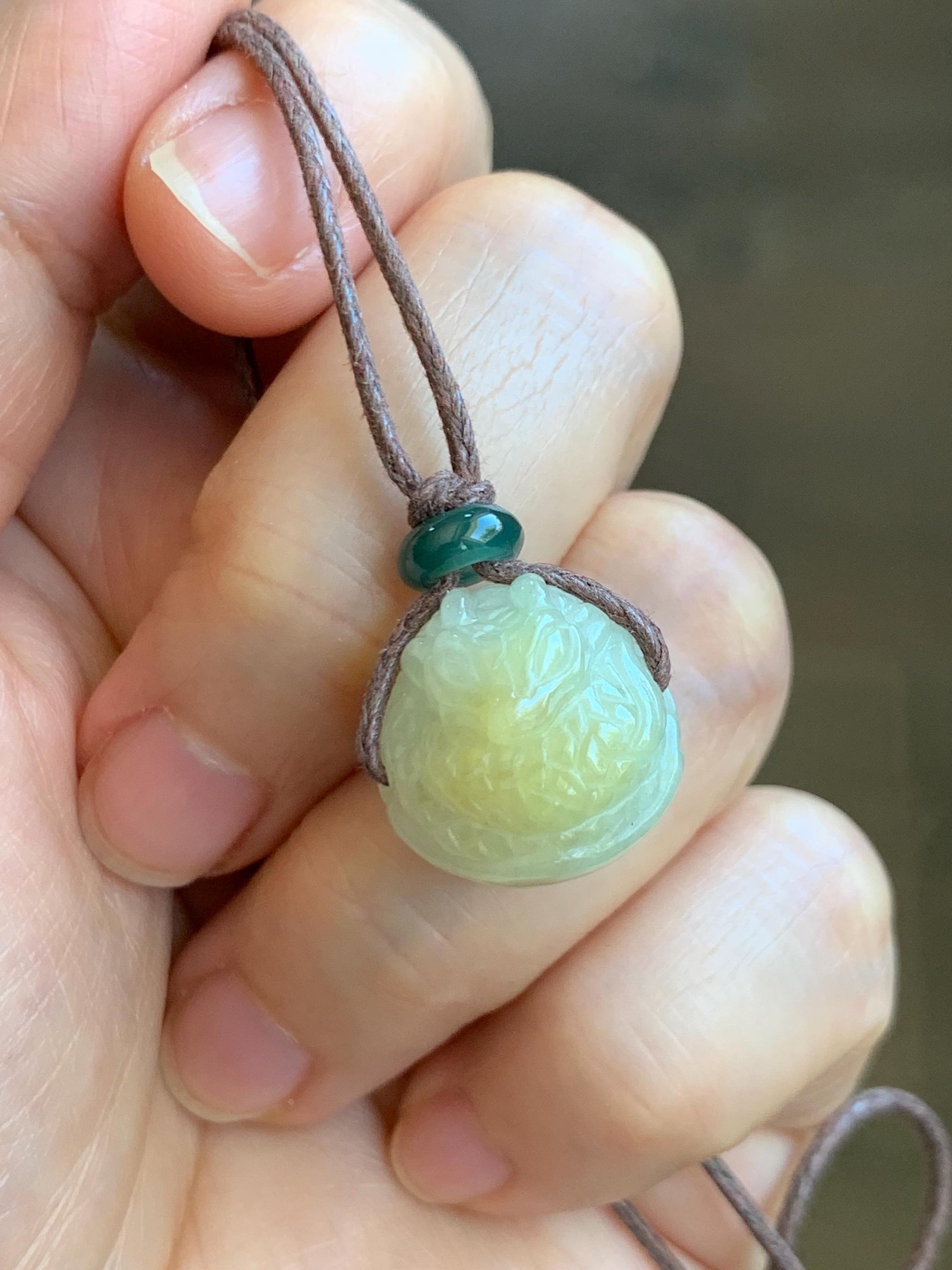 Natural Grade A Icy Translucent Yellow Marbled Jade Jadeite Baby Dragon Dragon Egg Pendant Rope Necklace 25” 7g 天然冰黄翡翠破壳龙宝宝珠吊坠项链 MHLD89
