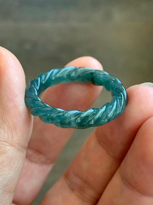 Natural Grade A Guatemalan Icy Translucent Gelatinous Dark Teal Blue Jadeite Carved Braid Band Ring Size 11.25 US 4g 天然冰胶危蓝水翡翠麻花戒圈 WMH60B