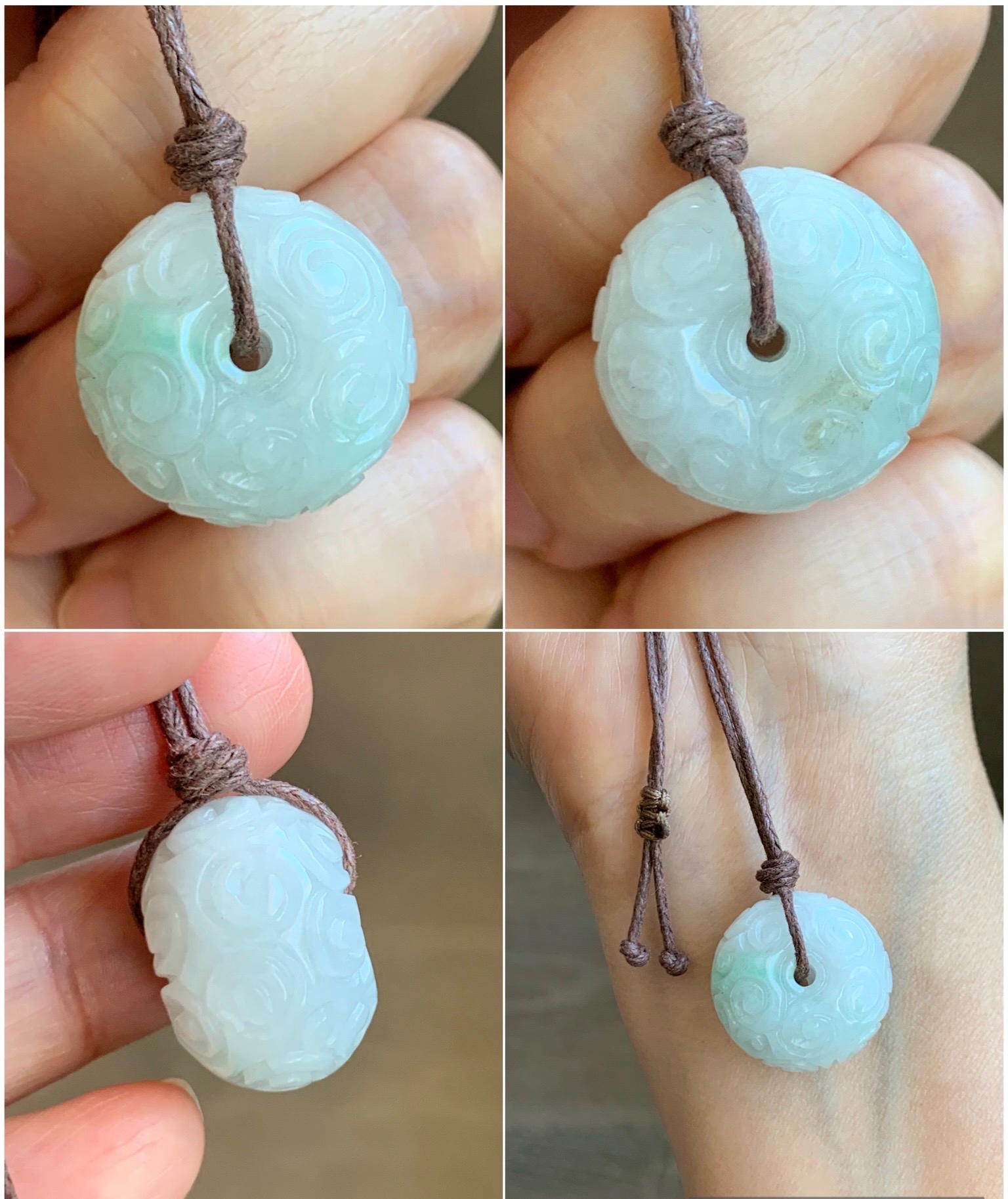 Natural Grade A Icy Translucent Light Green Marbled Jade Jadeite Engraved Ping An Kou Donut Pendant Rope Necklace 25" 天然飘花翡翠仿古雕平安扣吊坠 FGZ90A