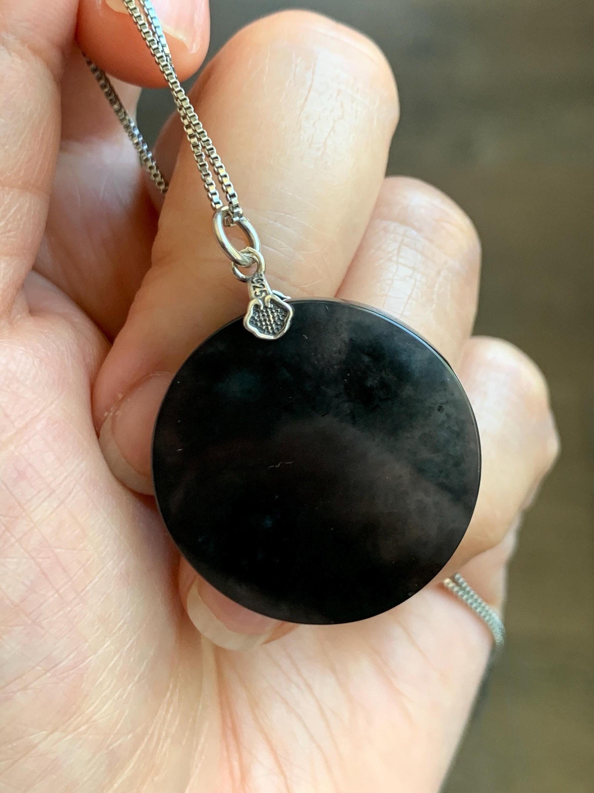Natural Grade A Guatemalan Icy Highly Translucent Wuji Jadeite Round Disc Wu Shi Pai Amulet Pendant Sterling Silver 8g 天然冰危乌鸡翡翠无事牌吊坠 WWJ-R