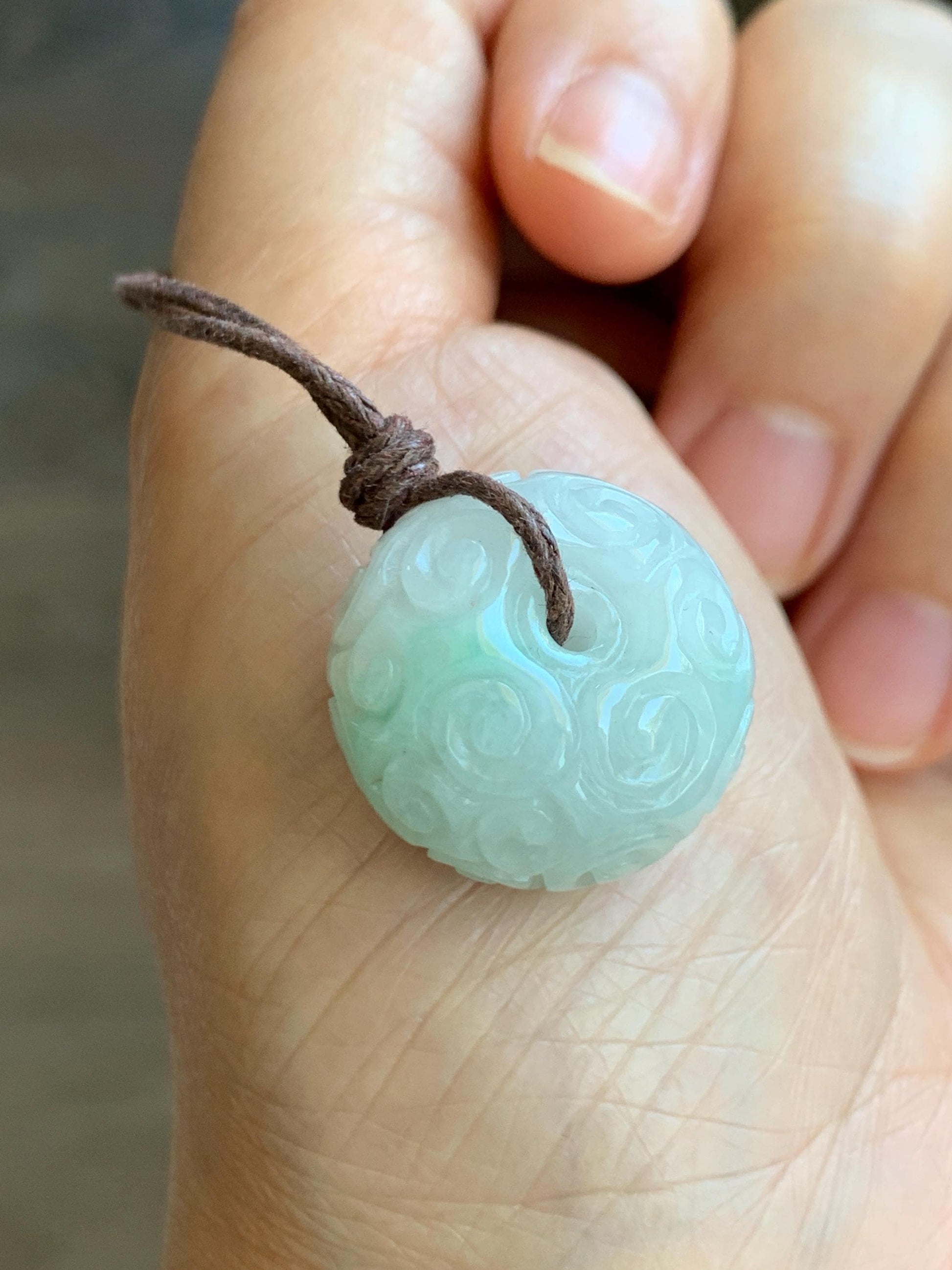 Natural Grade A Icy Translucent Light Green Marbled Jade Jadeite Engraved Ping An Kou Donut Pendant Rope Necklace 25" 天然飘花翡翠仿古雕平安扣吊坠 FGZ90A