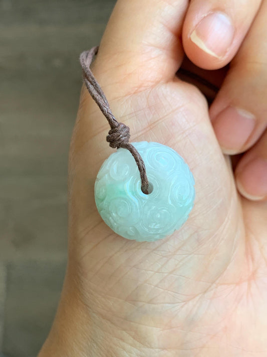 Natural Grade A Icy Translucent Light Green Marbled Jade Jadeite Engraved Ping An Kou Donut Pendant Rope Necklace 25" 天然飘花翡翠仿古雕平安扣吊坠 FGZ90A