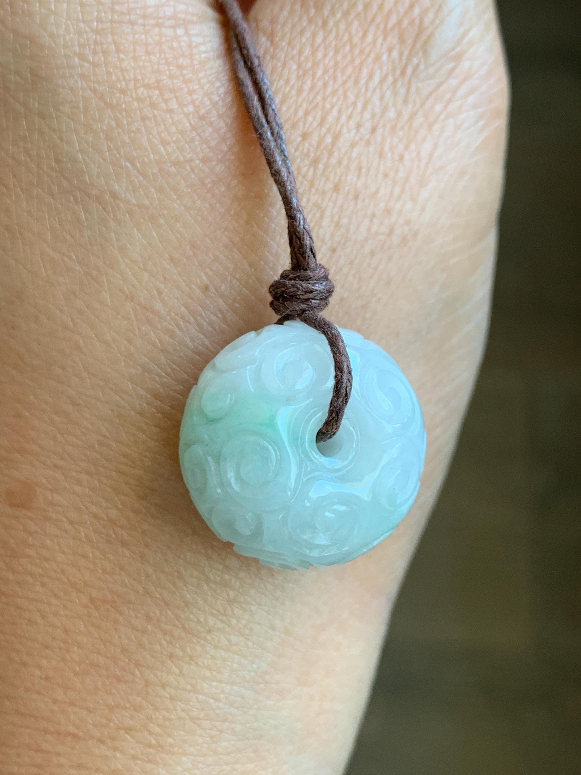 Natural Grade A Icy Translucent Light Green Marbled Jade Jadeite Engraved Ping An Kou Donut Pendant Rope Necklace 25" 天然飘花翡翠仿古雕平安扣吊坠 FGZ90A