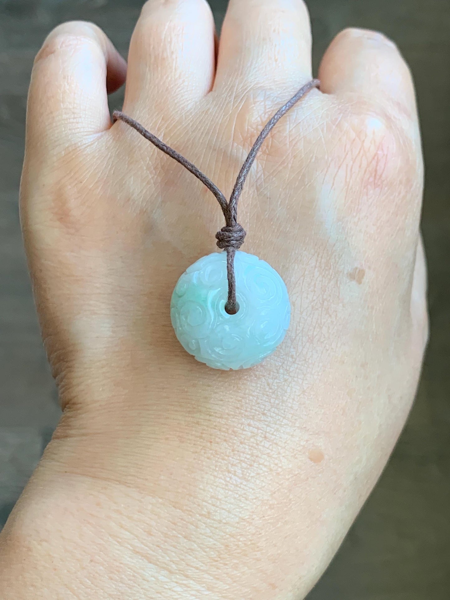 Natural Grade A Icy Translucent Light Green Marbled Jade Jadeite Engraved Ping An Kou Donut Pendant Rope Necklace 25" 天然飘花翡翠仿古雕平安扣吊坠 FGZ90A
