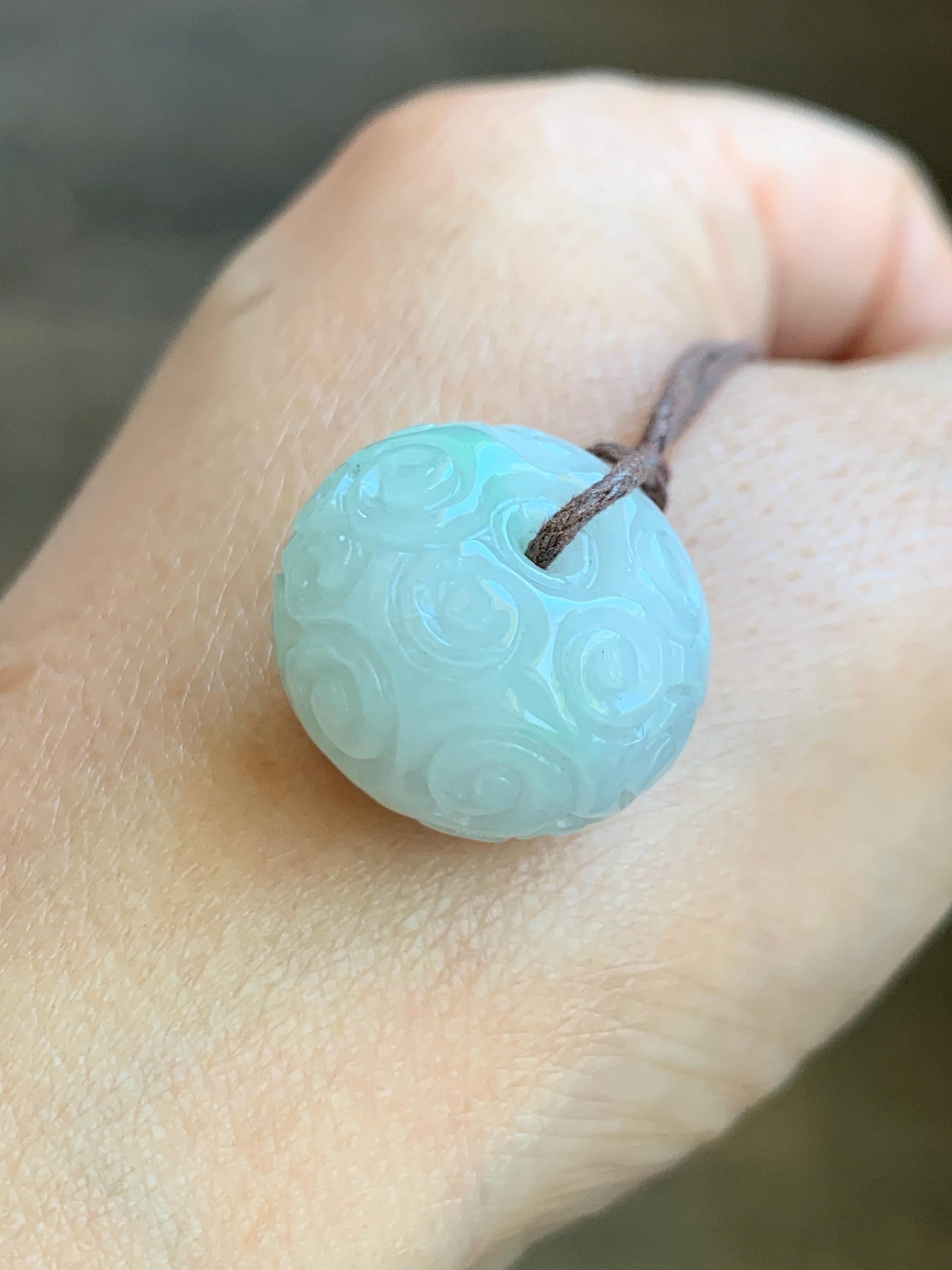 Natural Grade A Icy Translucent Light Green Marbled Jade Jadeite Engraved Ping An Kou Donut Pendant Rope Necklace 25" 天然飘花翡翠仿古雕平安扣吊坠 FGZ90A