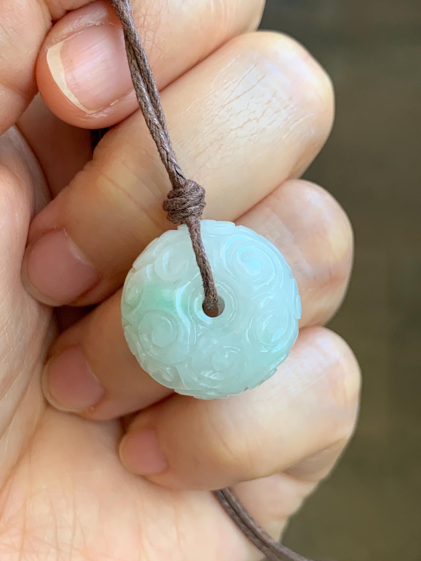 Natural Grade A Icy Translucent Light Green Marbled Jade Jadeite Engraved Ping An Kou Donut Pendant Rope Necklace 25" 天然飘花翡翠仿古雕平安扣吊坠 FGZ90A