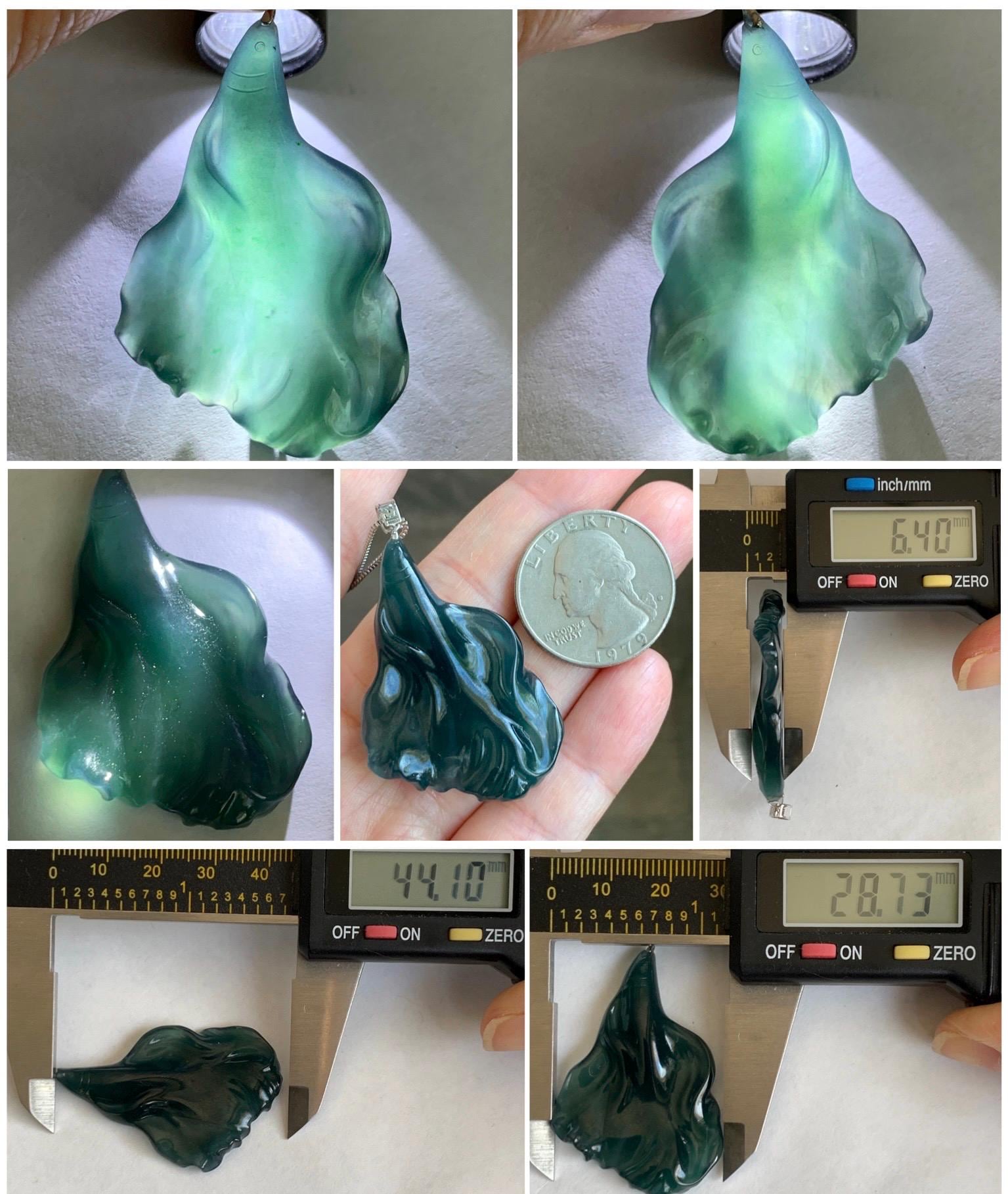 Natural Grade A Guatemalan Icy Translucent Gelatinous Old Mine Dark Teal Blue Jadeite Fish Pendant 18K White Gold 10g 天然老种冰胶危深蓝翡翠鱼镶嵌吊坠 WLDY